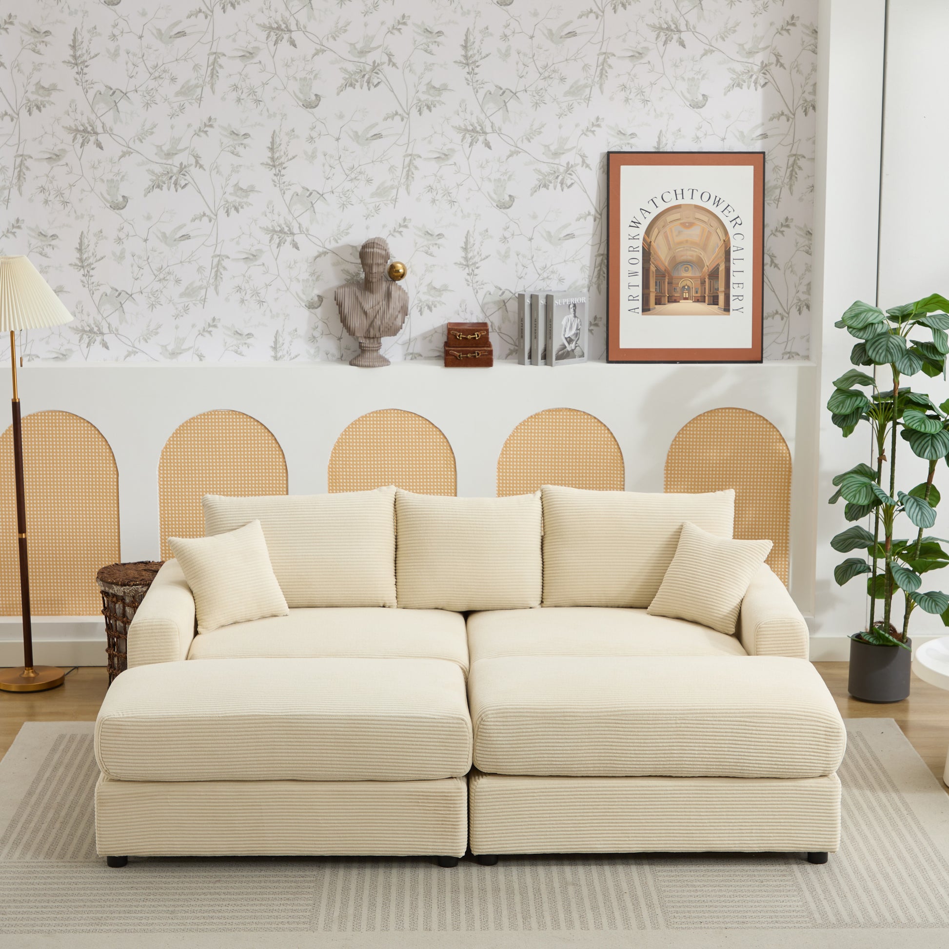 Cream corduroy sectional sofa with plush throw pillows for ultimate comfort