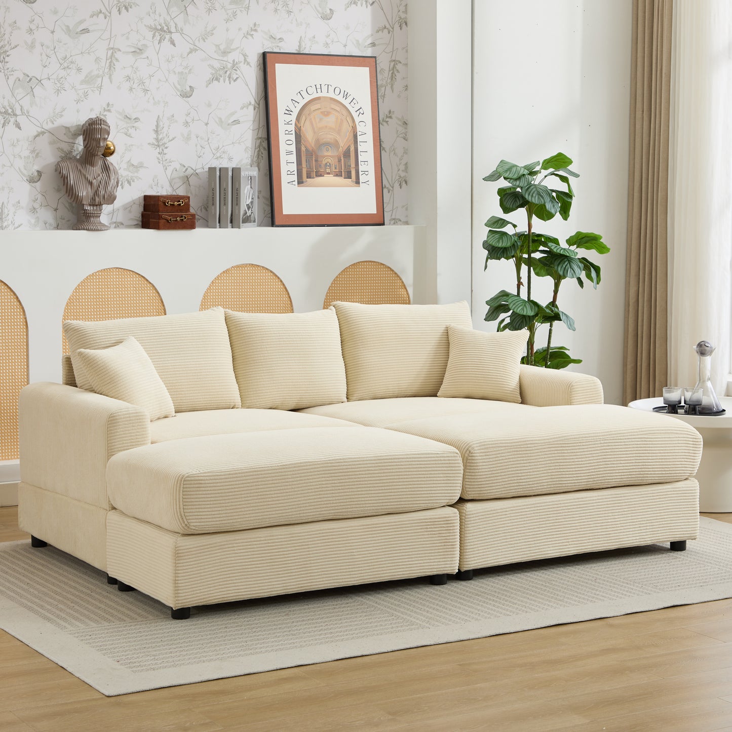 Cream corduroy sectional sofa with plush cushions and chaise lounge