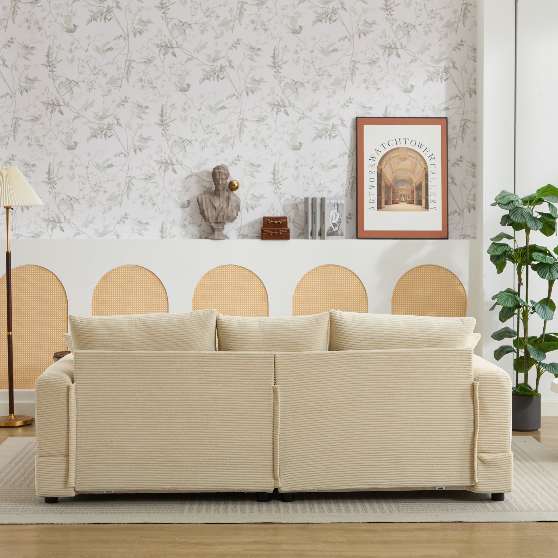 Plush cream corduroy sofa with wide ribbed texture and deep seat cushions