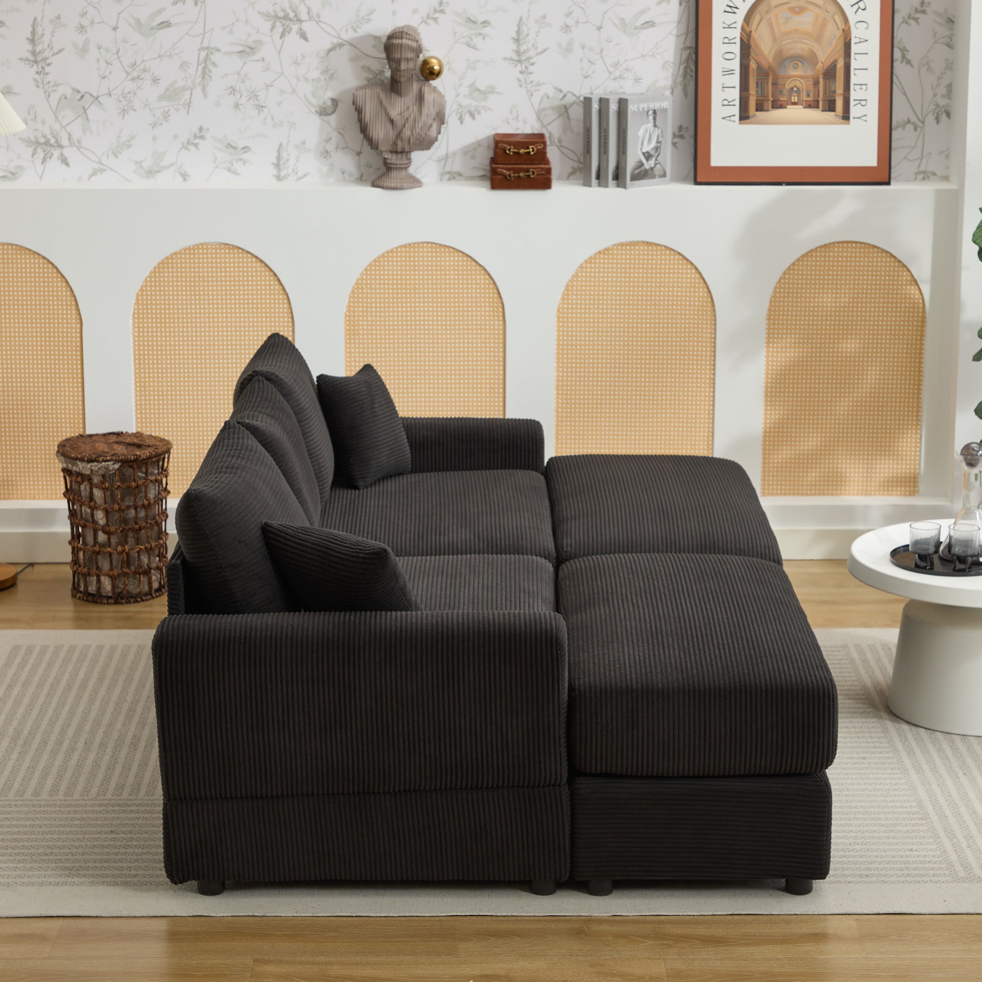 Dark gray corduroy sectional sofa with chaise lounge perfect for living room relaxation