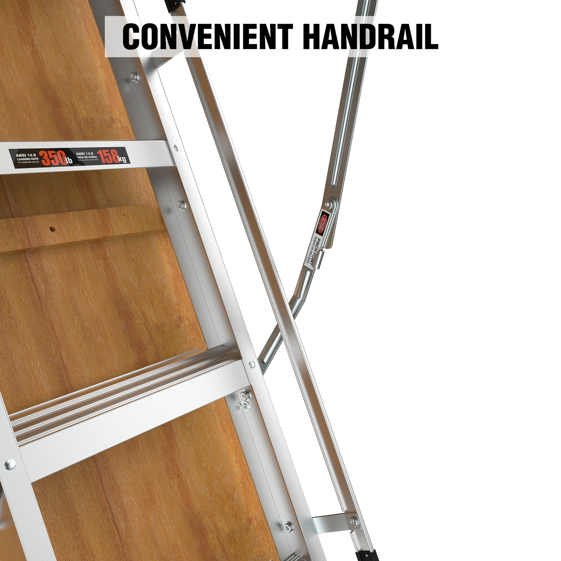 Silver aluminum stepladder with a convenient handrail for stability and safe access