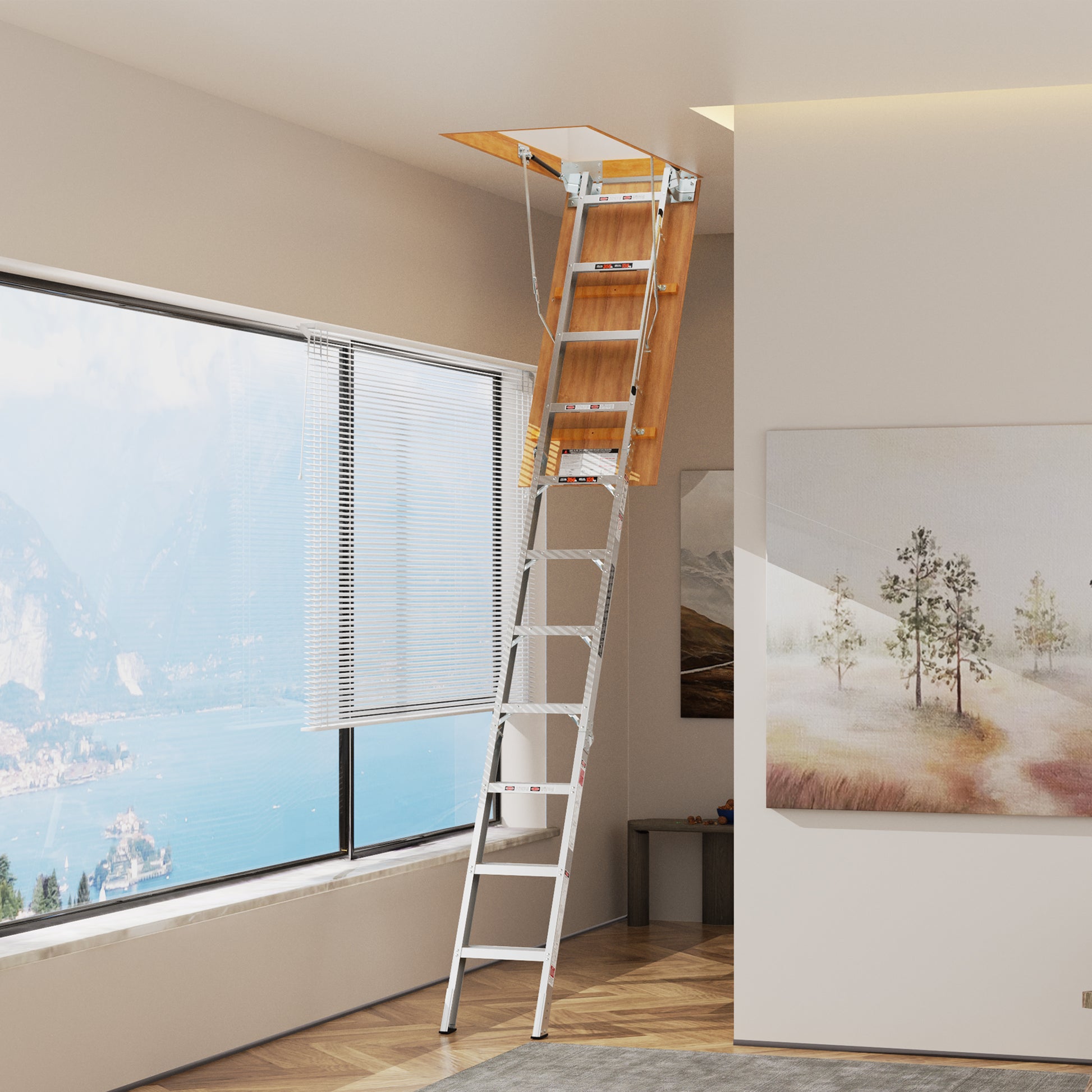 Aluminum loft ladder with wooden treads deployed for attic access safe for residential use