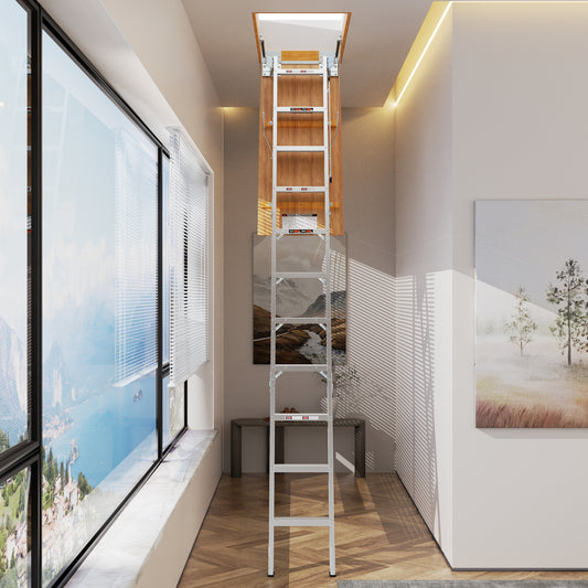 Retractable aluminum loft ladder with wooden hatch extending down for attic access