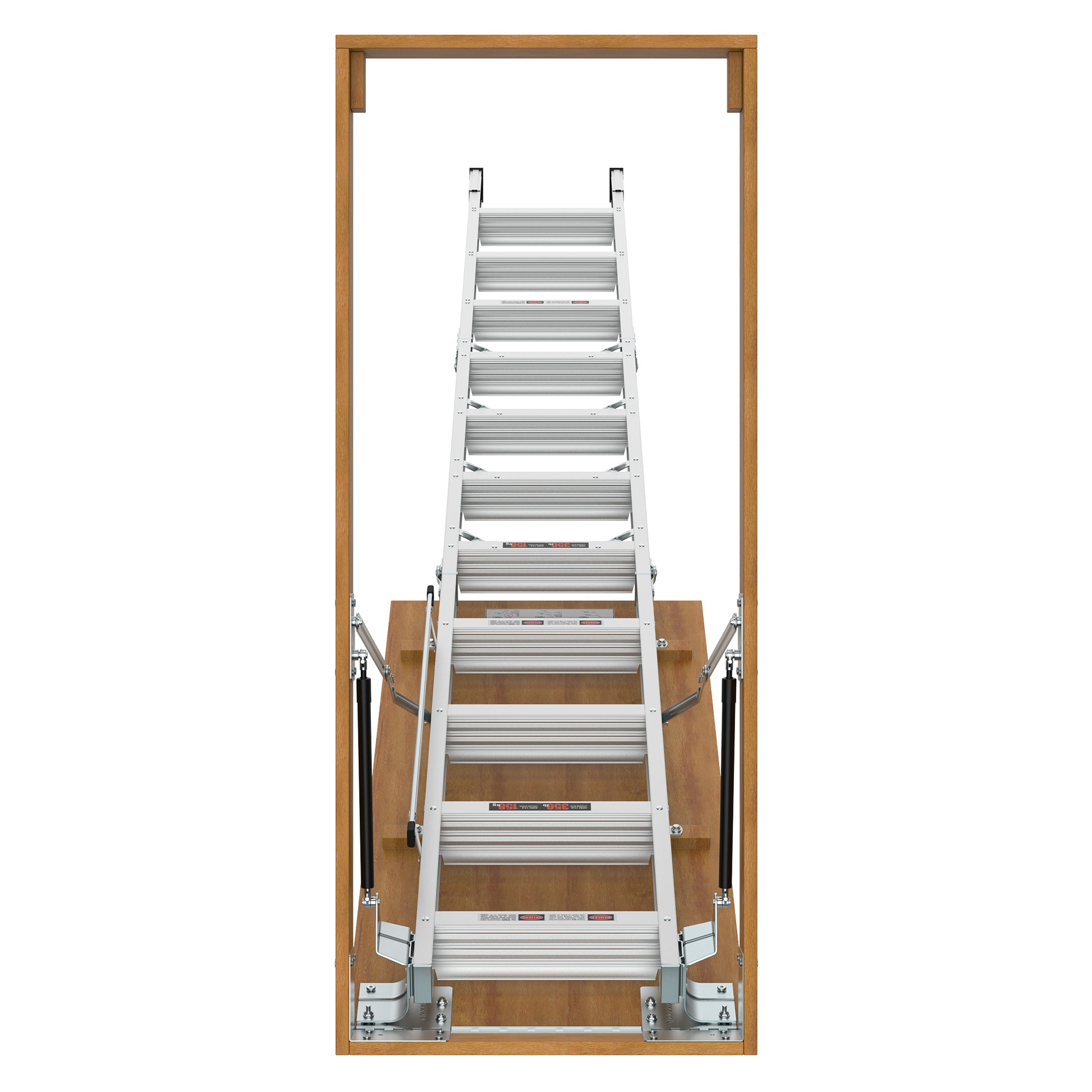 Heavyduty aluminum attic ladder extended for access featuring a wooden frame and gas springs