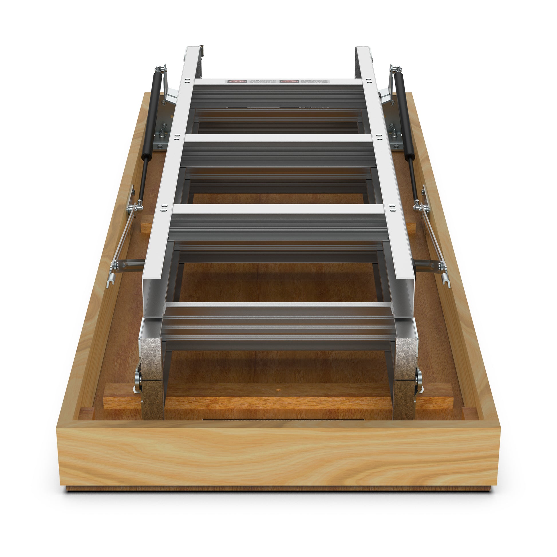 Retractable aluminum attic ladder with wooden frame and gas struts