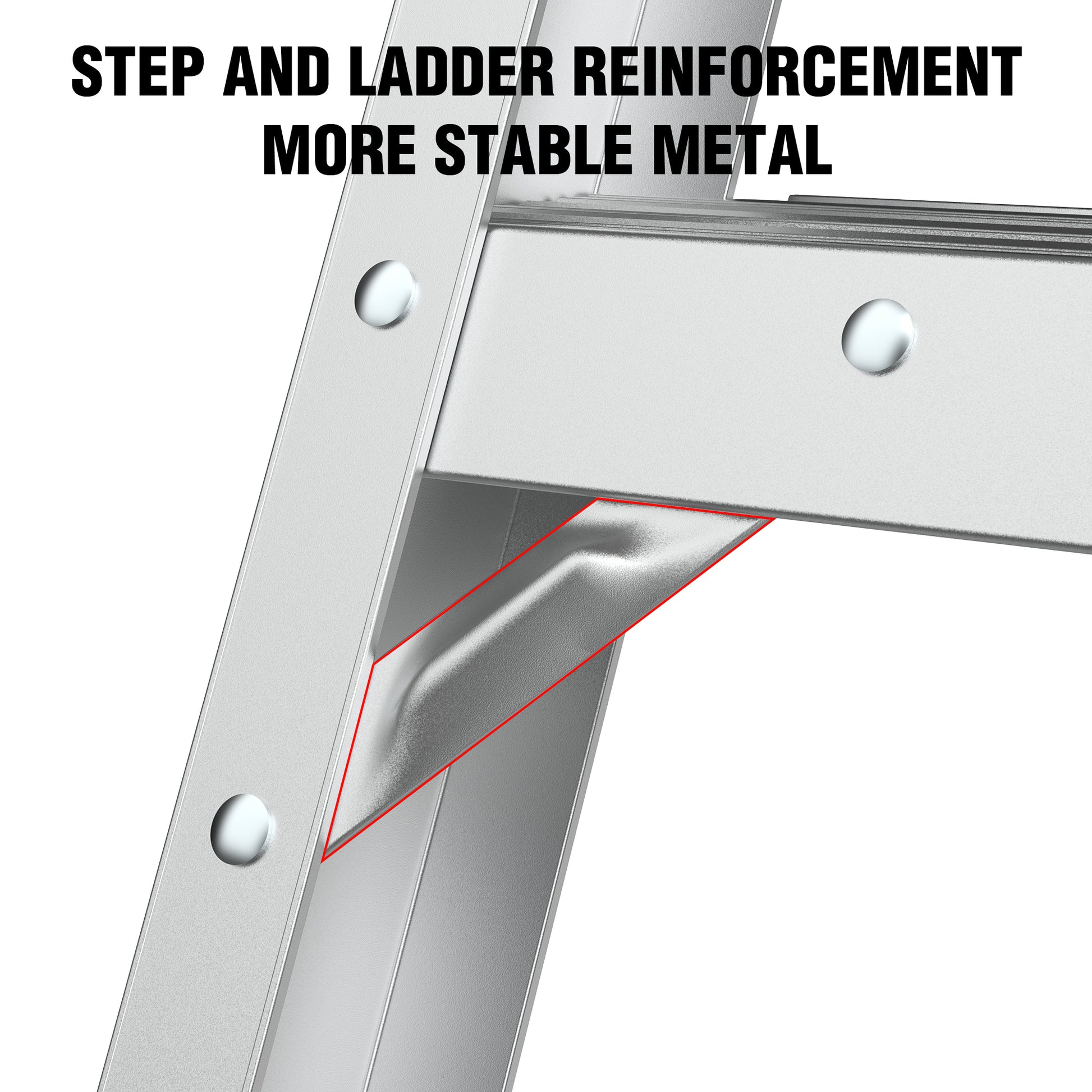 Closeup of silver aluminum ladder support brace detail showcasing enhanced stability