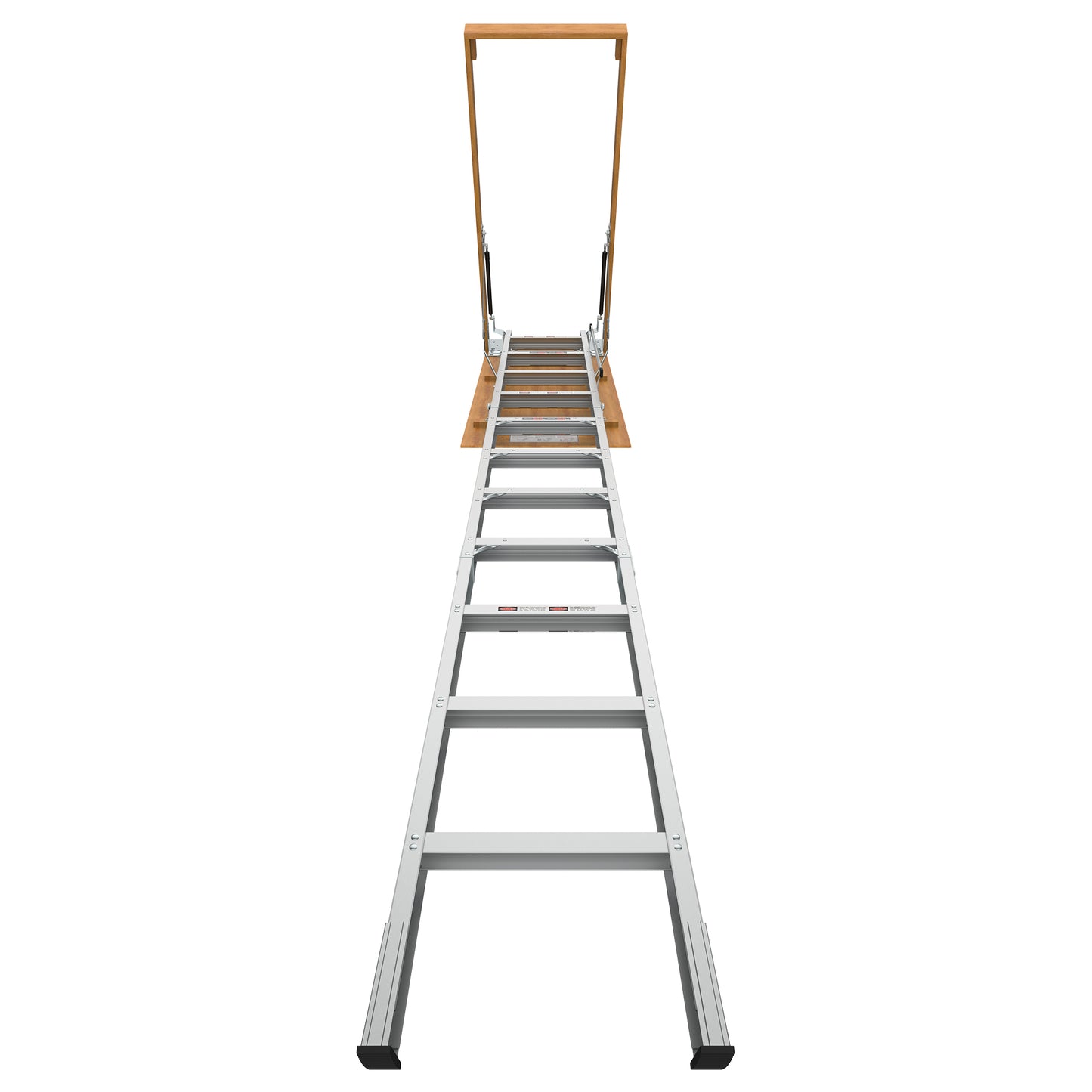 Aluminum attic ladder with wooden frame for easy access to upper levels