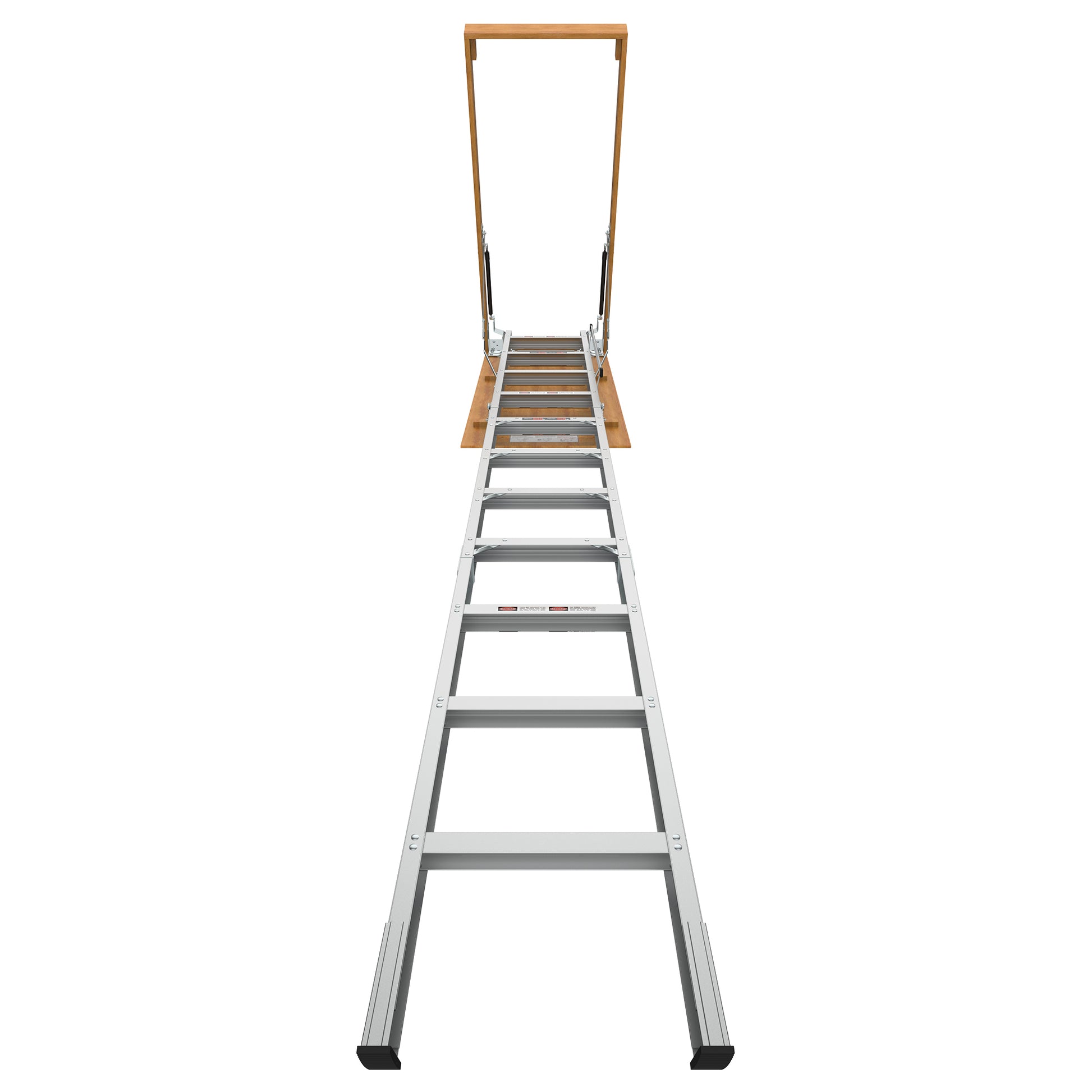 Aluminum attic ladder with wooden frame for easy access to upper levels