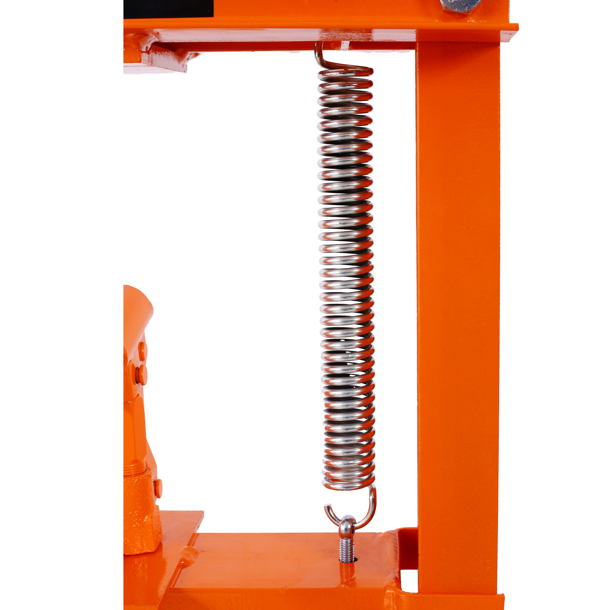 Closeup of an orange metal frame with a silver coiled spring showing a screw attachment