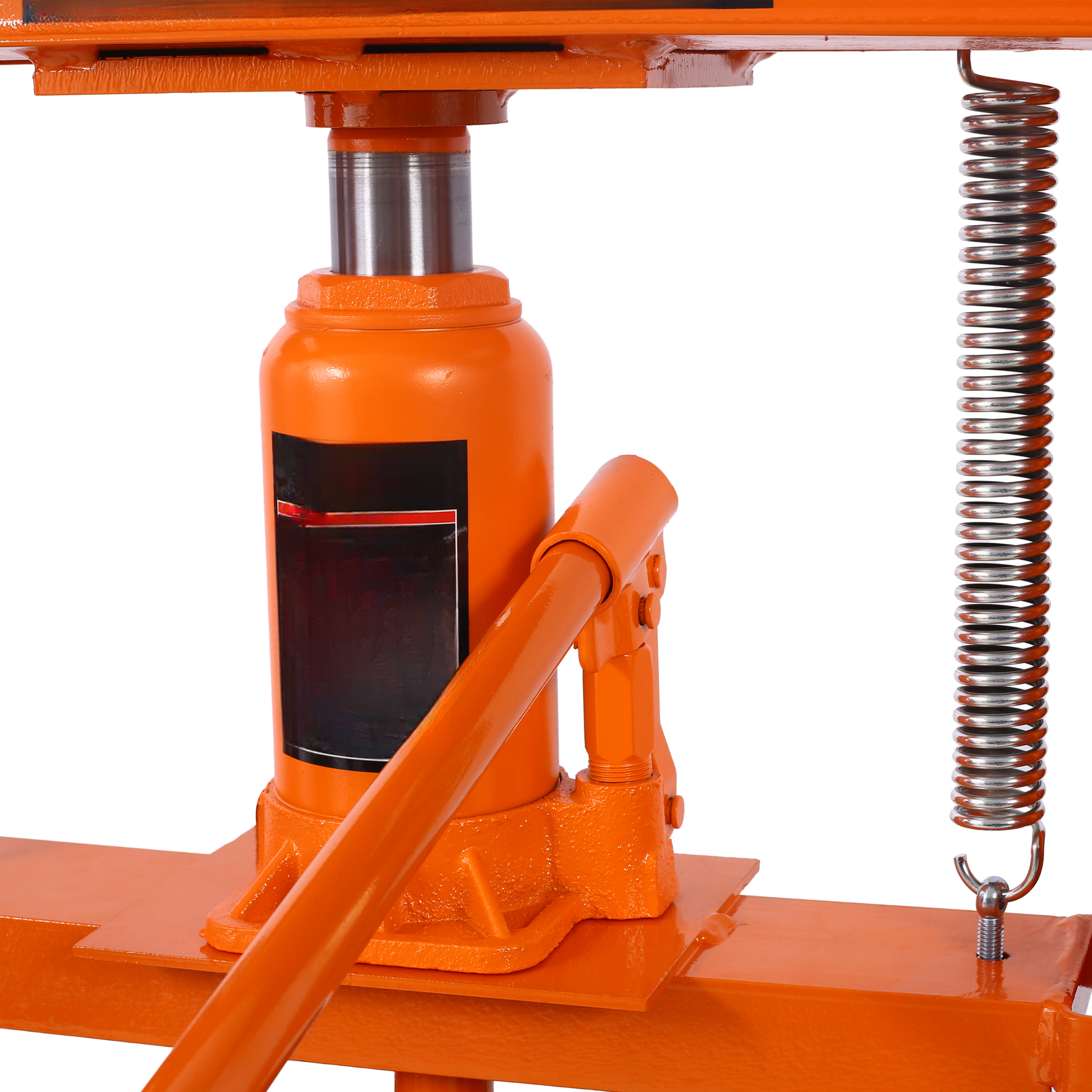 Orange hydraulic press jack with silver piston and metal spring for lifting heavy loads