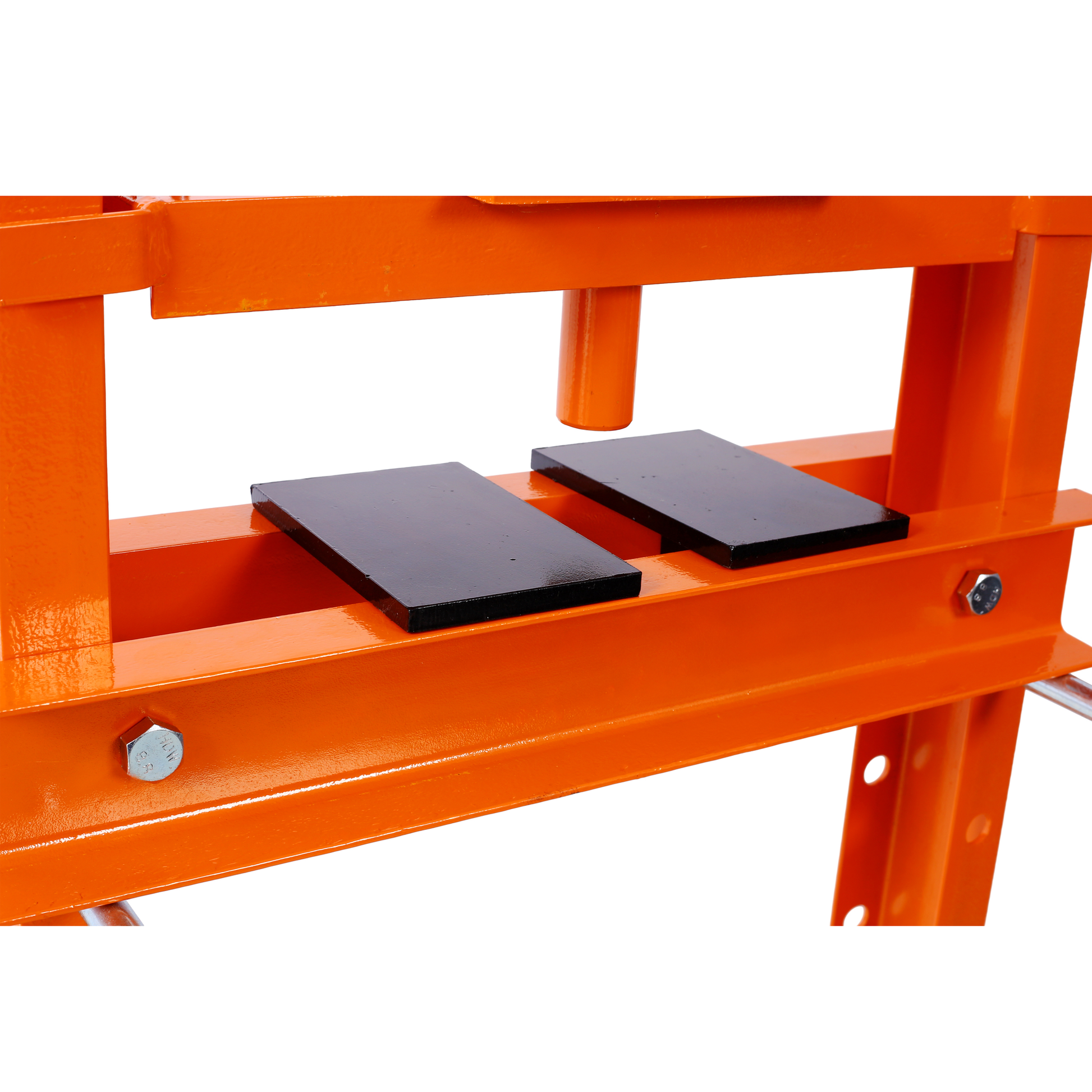 Orange hydraulic press frame with two black steel die blocks on base