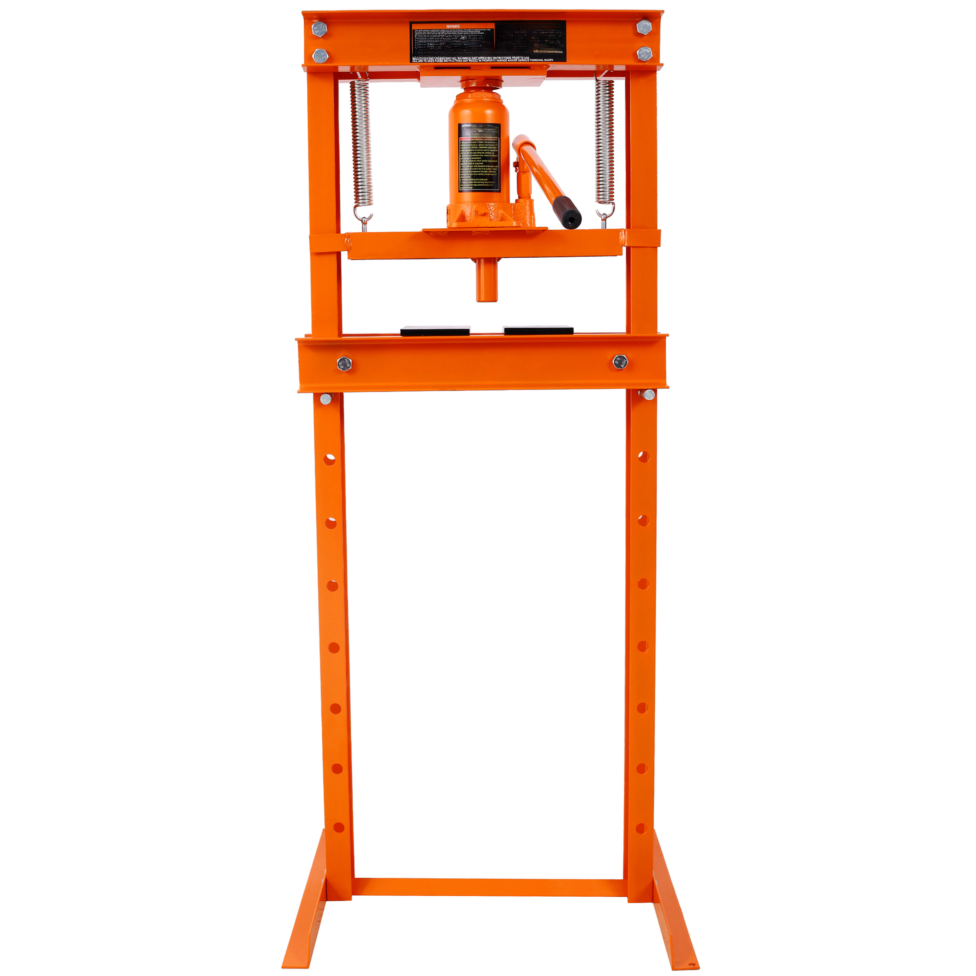 Orange hydraulic press with a ton capacity and adjustable height