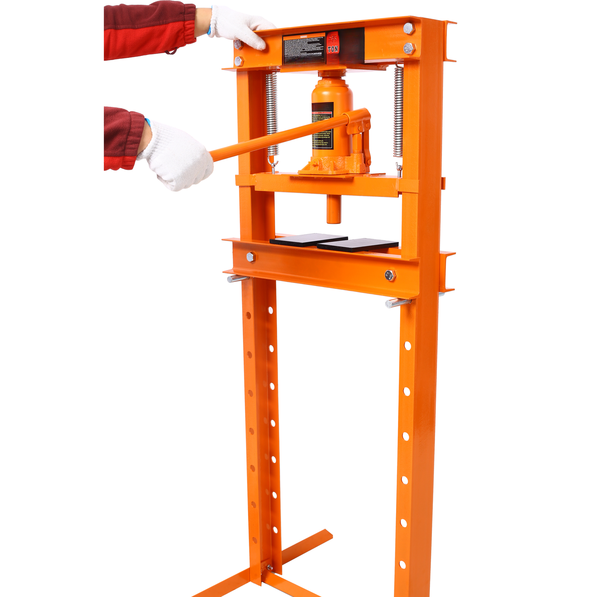 Orange ton hydraulic shop press with adjustable work height and manual lever operation