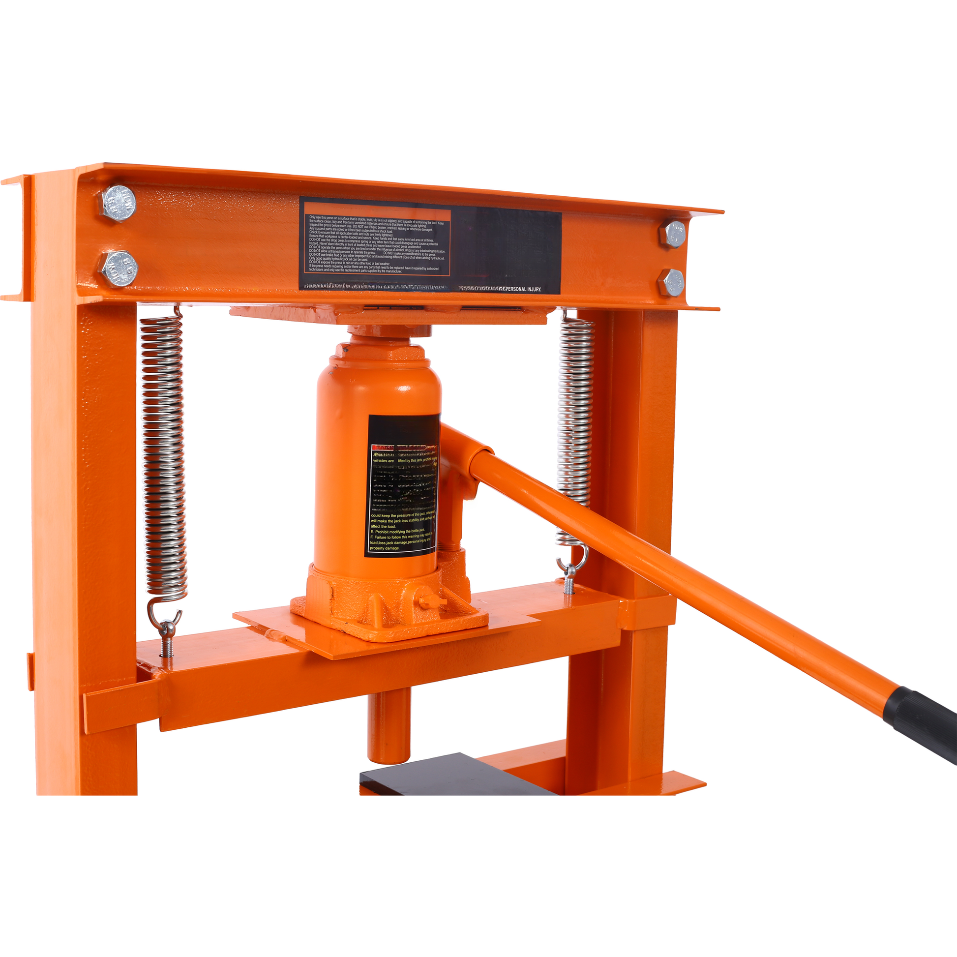 Orange hydraulic shop press with a sturdy metal frame and reinforced base for industrial use