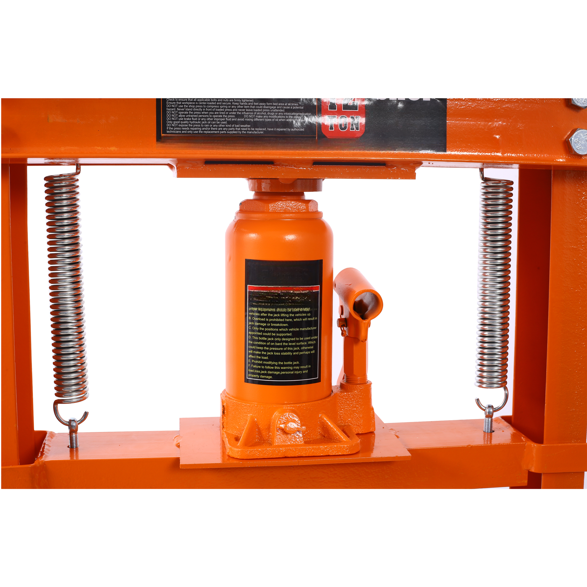 Orange ton hydraulic press with silver springs and detailed warnings label