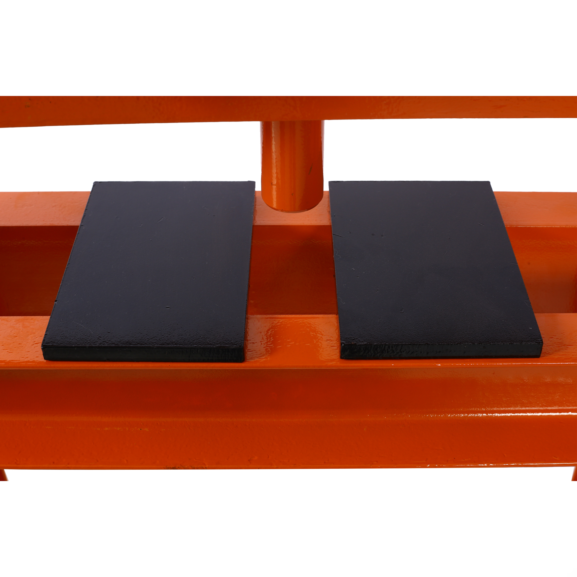 Orange metal jack stand with two black rubber pads for vehicle support