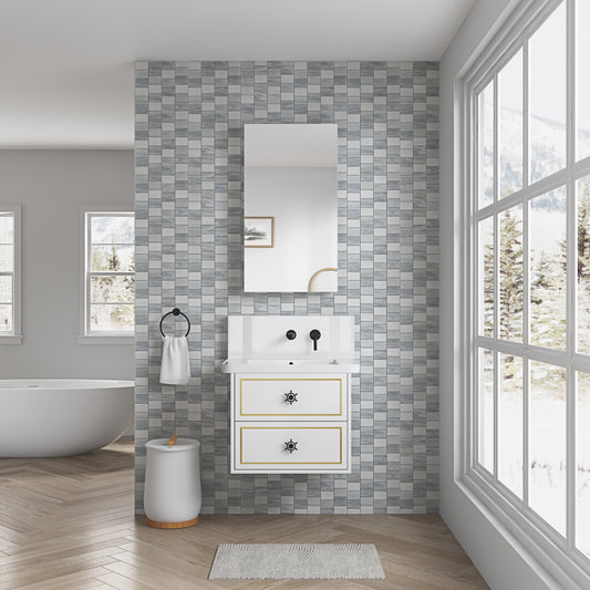 White modern bathroom vanity with gold accents and black nauticalstyle drawer pulls