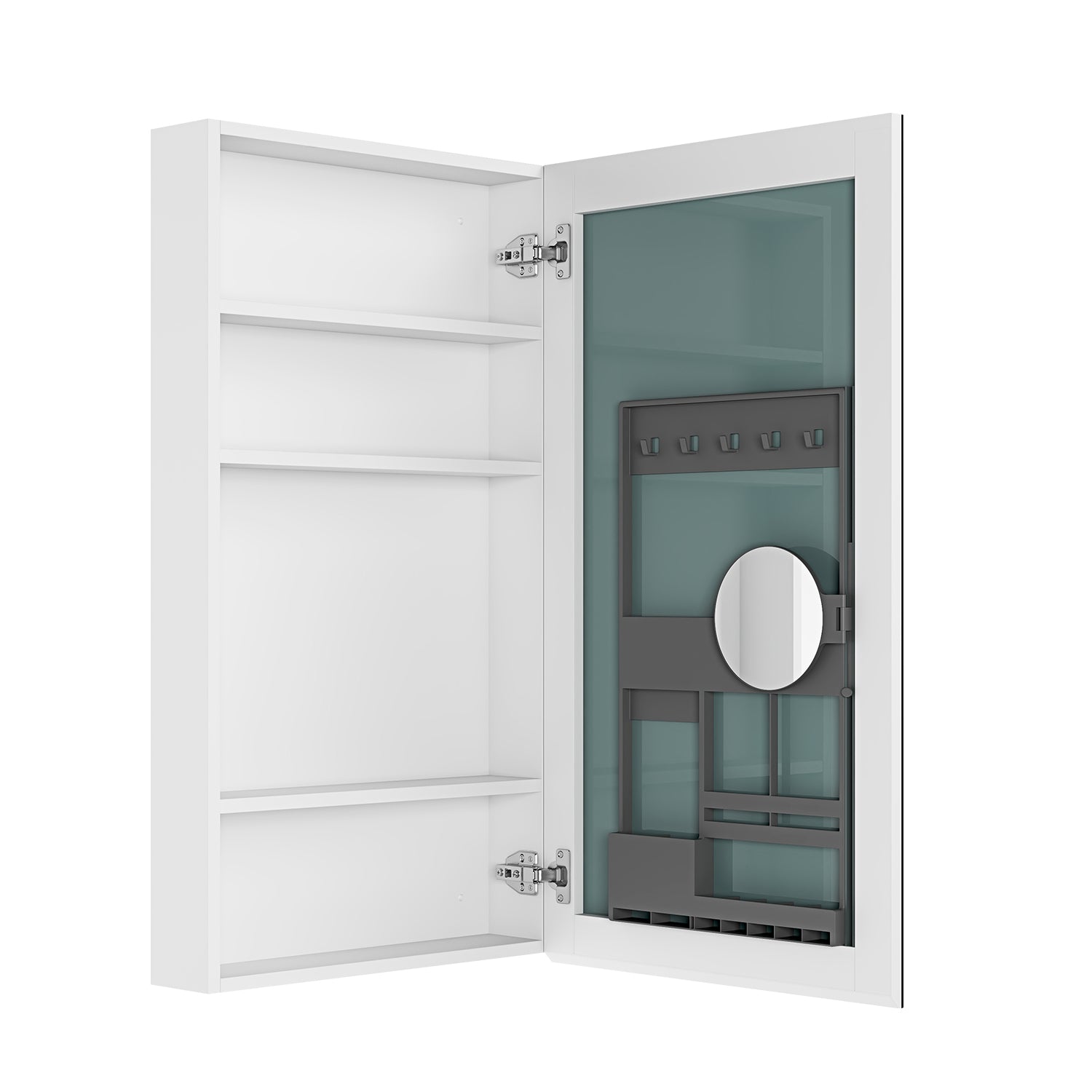 Open white medicine cabinet with shelves and interior organizer