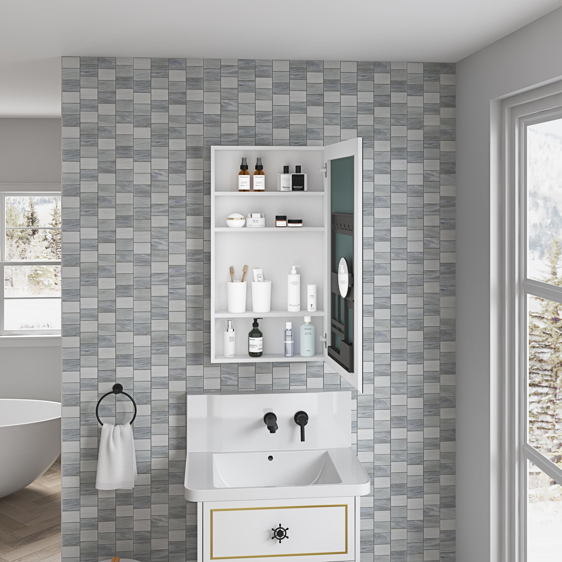 White medicine cabinet with open door displaying skincare products and toiletries