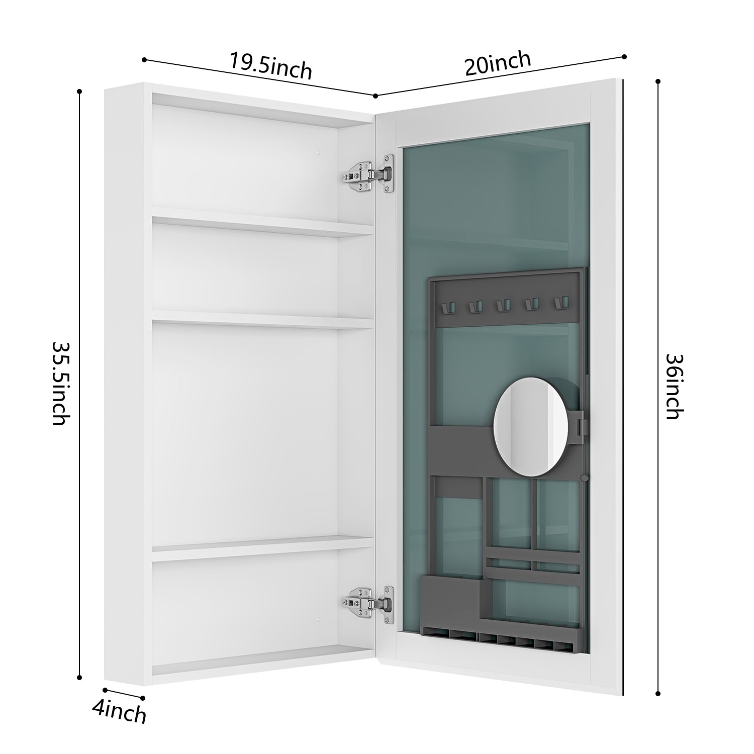 White medicine cabinet with mirrored door and internal shelving