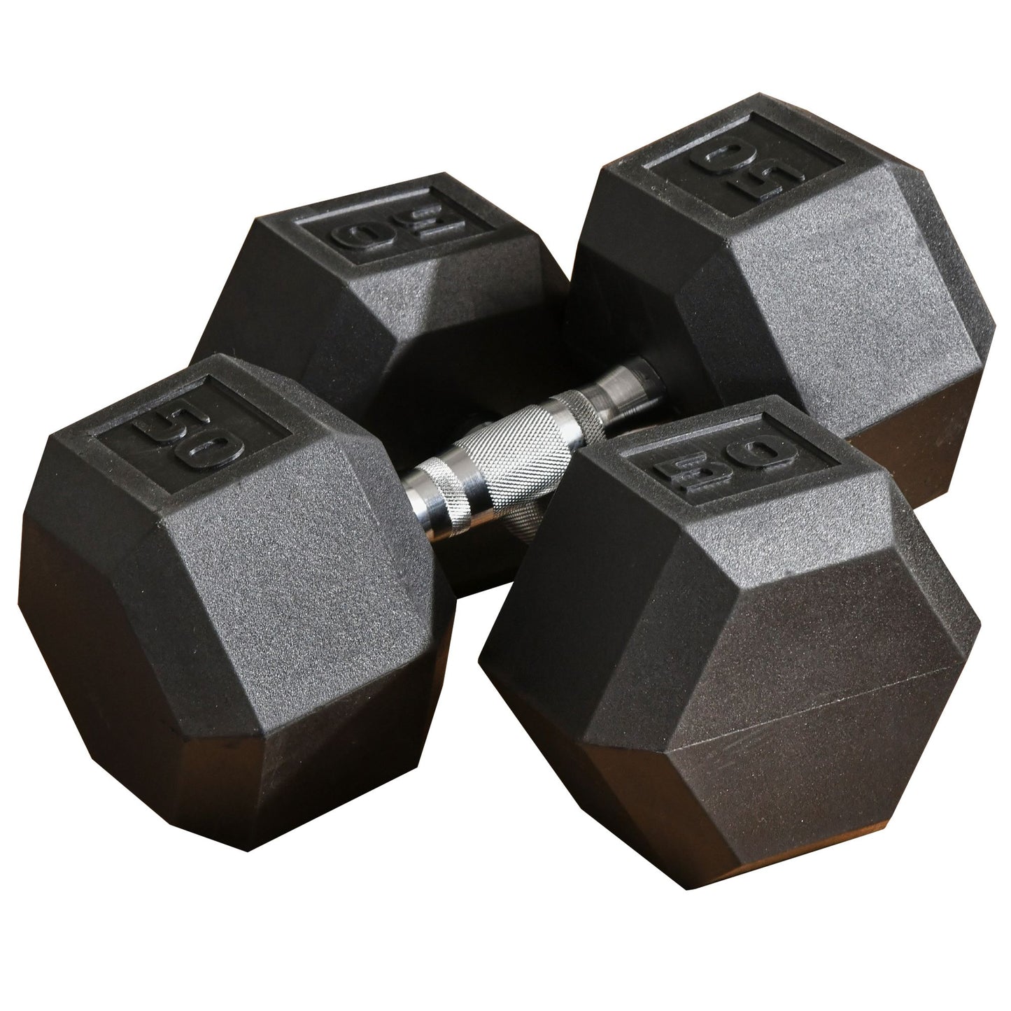 Two black  lb hex dumbbells with chrome handles for home gym workouts