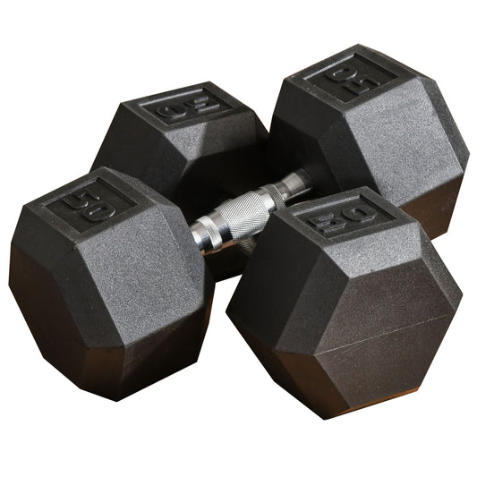 Two black  lb hex dumbbells with chrome handles for home gym workouts