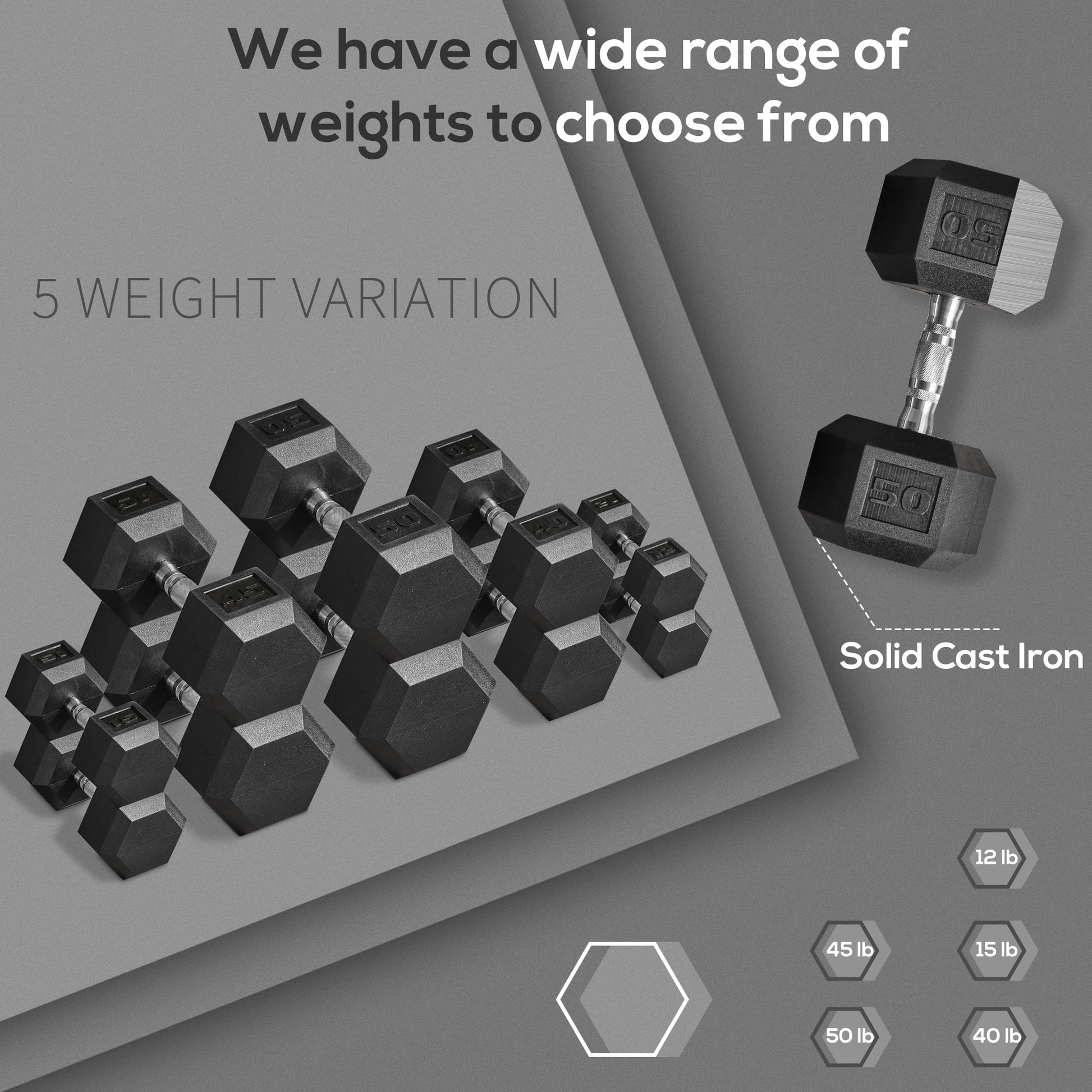 Black solid cast iron hex dumbbell with  lb weight for strength training