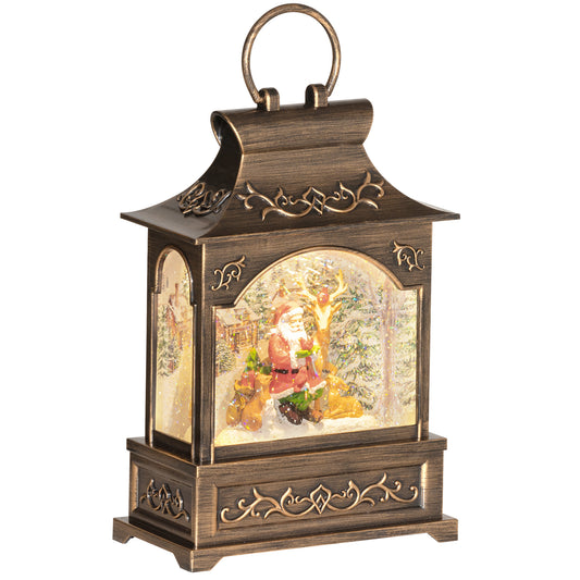 Bronze lantern with Santa reindeer and swirling glitter inside for festive decor