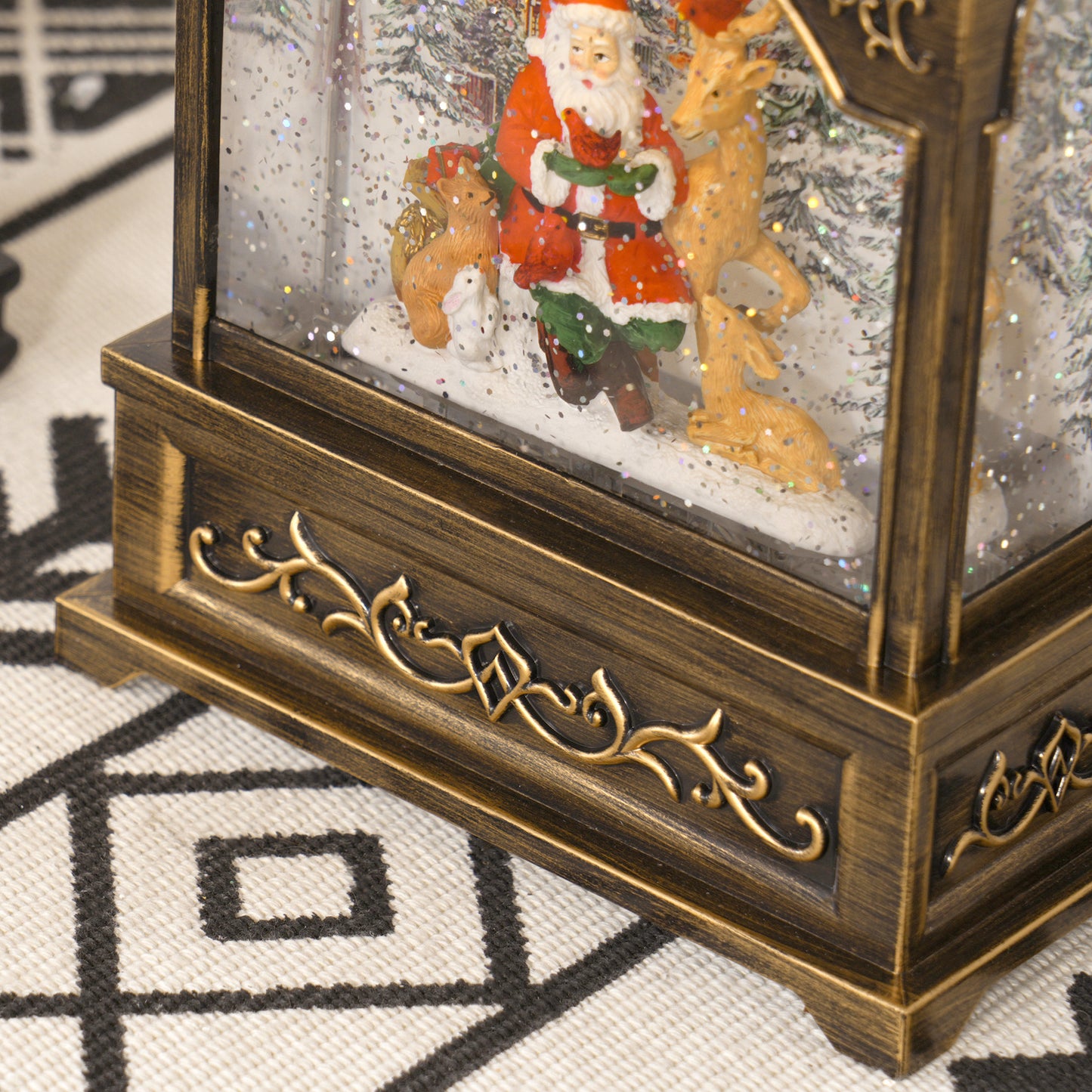 Festive Santa snow globe with reindeer and squirrel detail antique gold base
