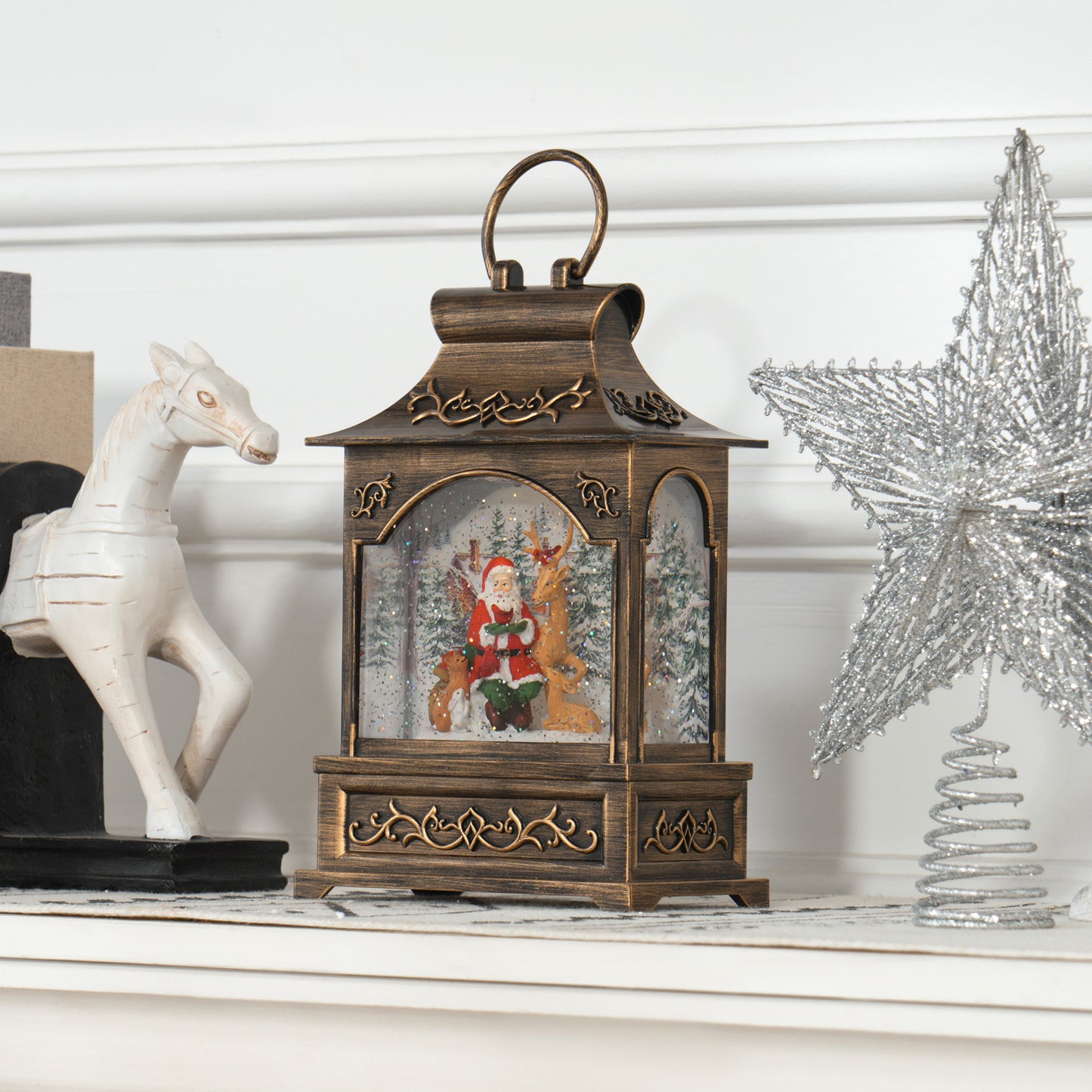Bronze Christmas lantern with Santa reindeer and snow scene Festive holiday decor