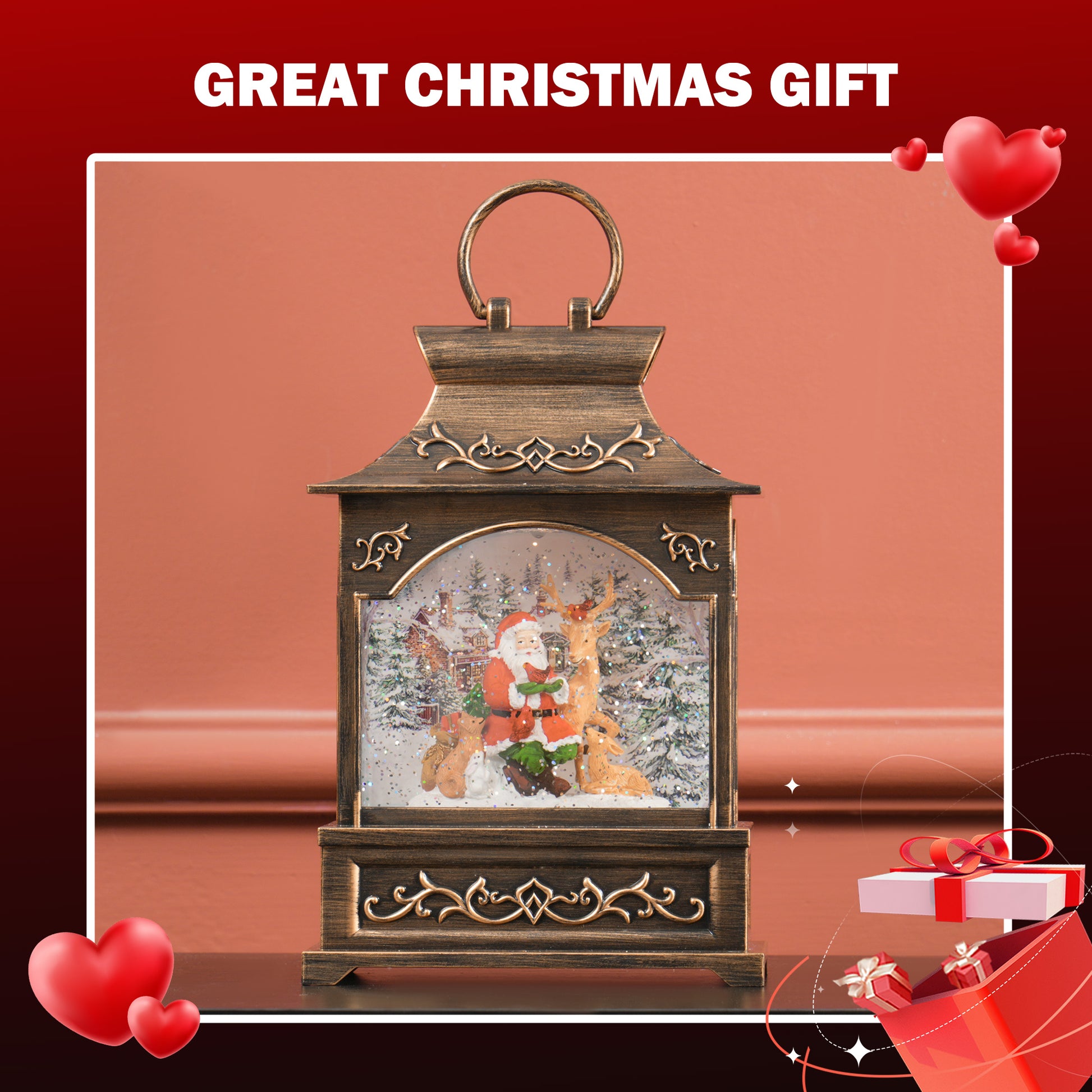 Antique gold Christmas lantern with Santa reindeer and snow scene inside