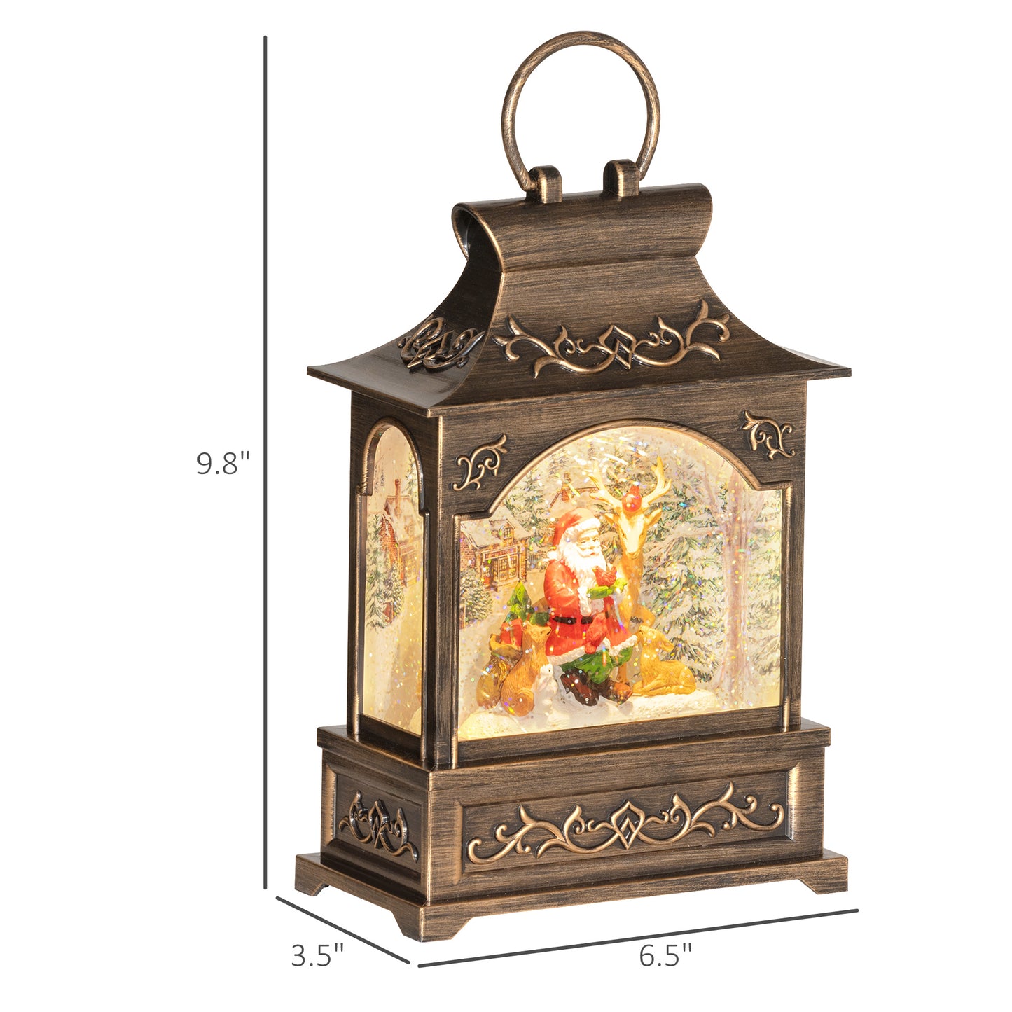 Antique bronze Christmas lantern with Santa reindeer and a snow scene