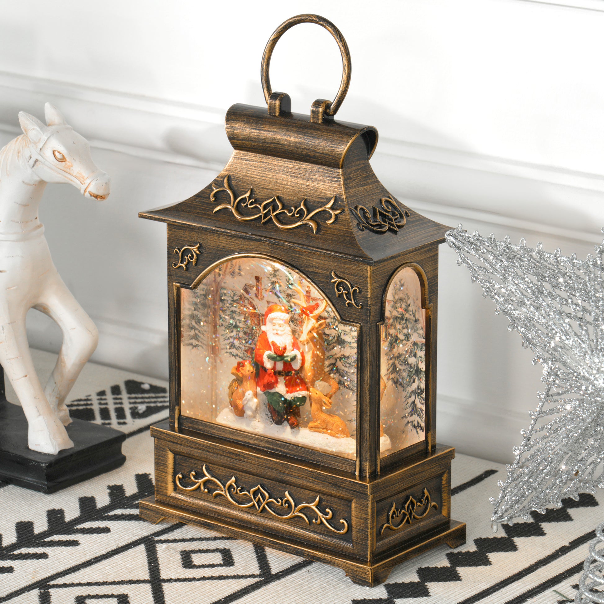 Bronze Christmas lantern with Santa reindeer and snow scene inside festive holiday decor