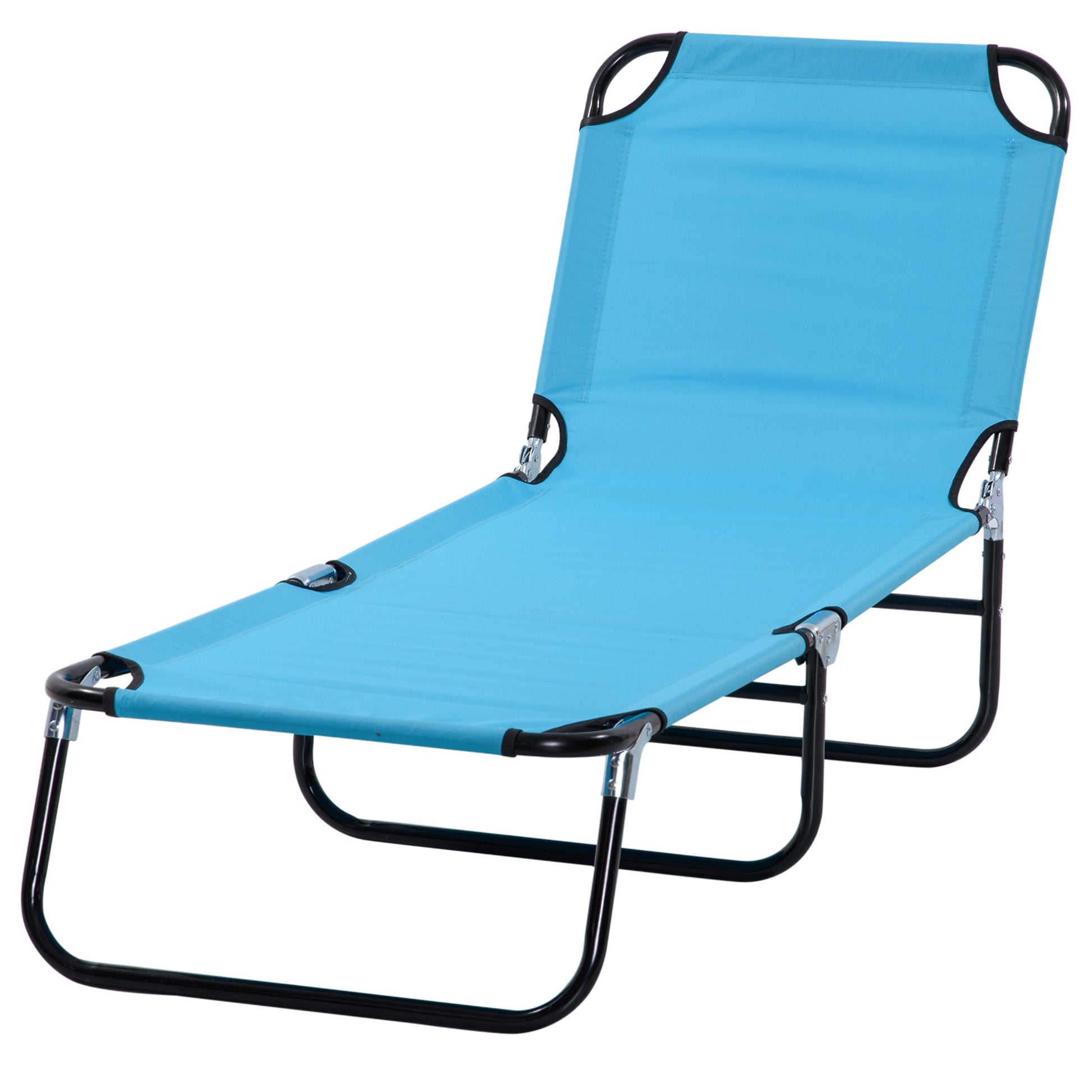 Blue fabric lounger with a black metal frame ideal for poolside relaxation