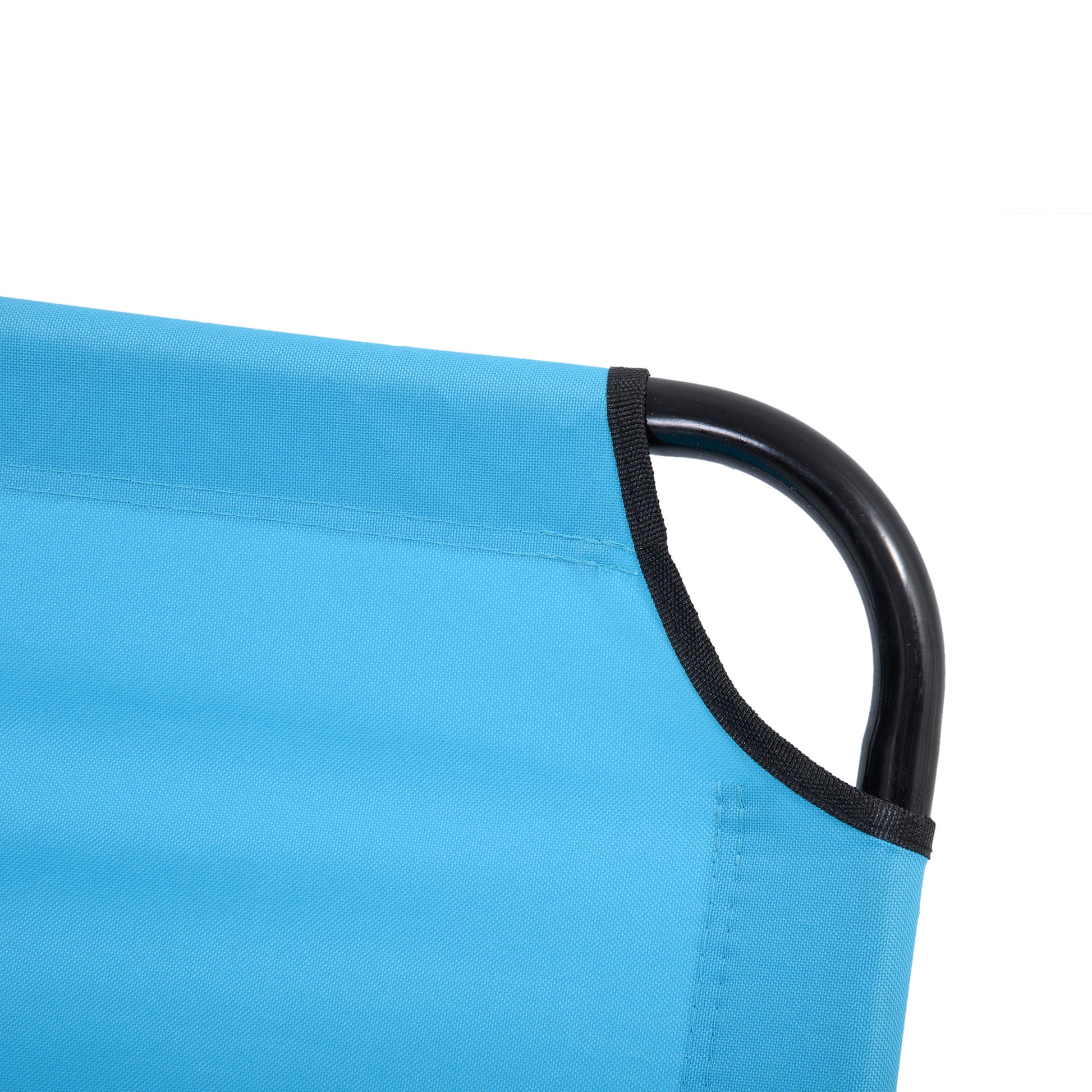 Closeup of a turquoise fabric seat with black piping and a curved black metal frame