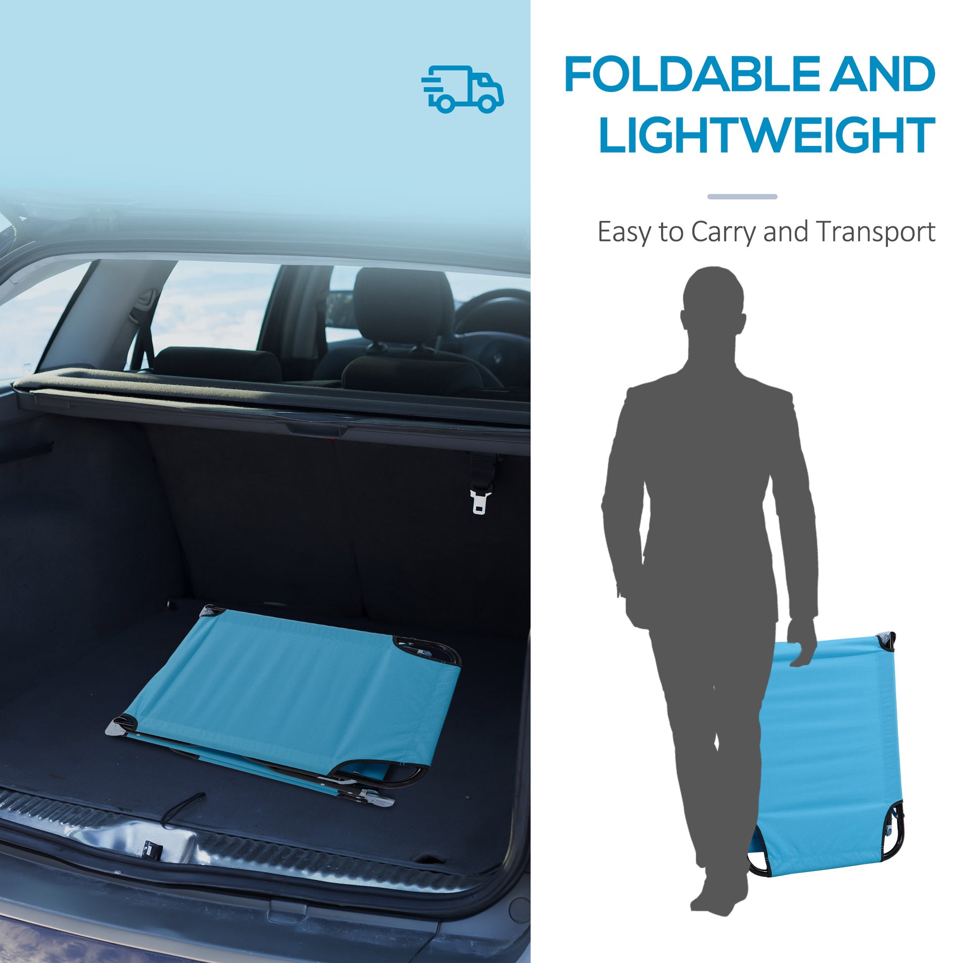 Foldable blue cot in car trunk lightweight and easy transport