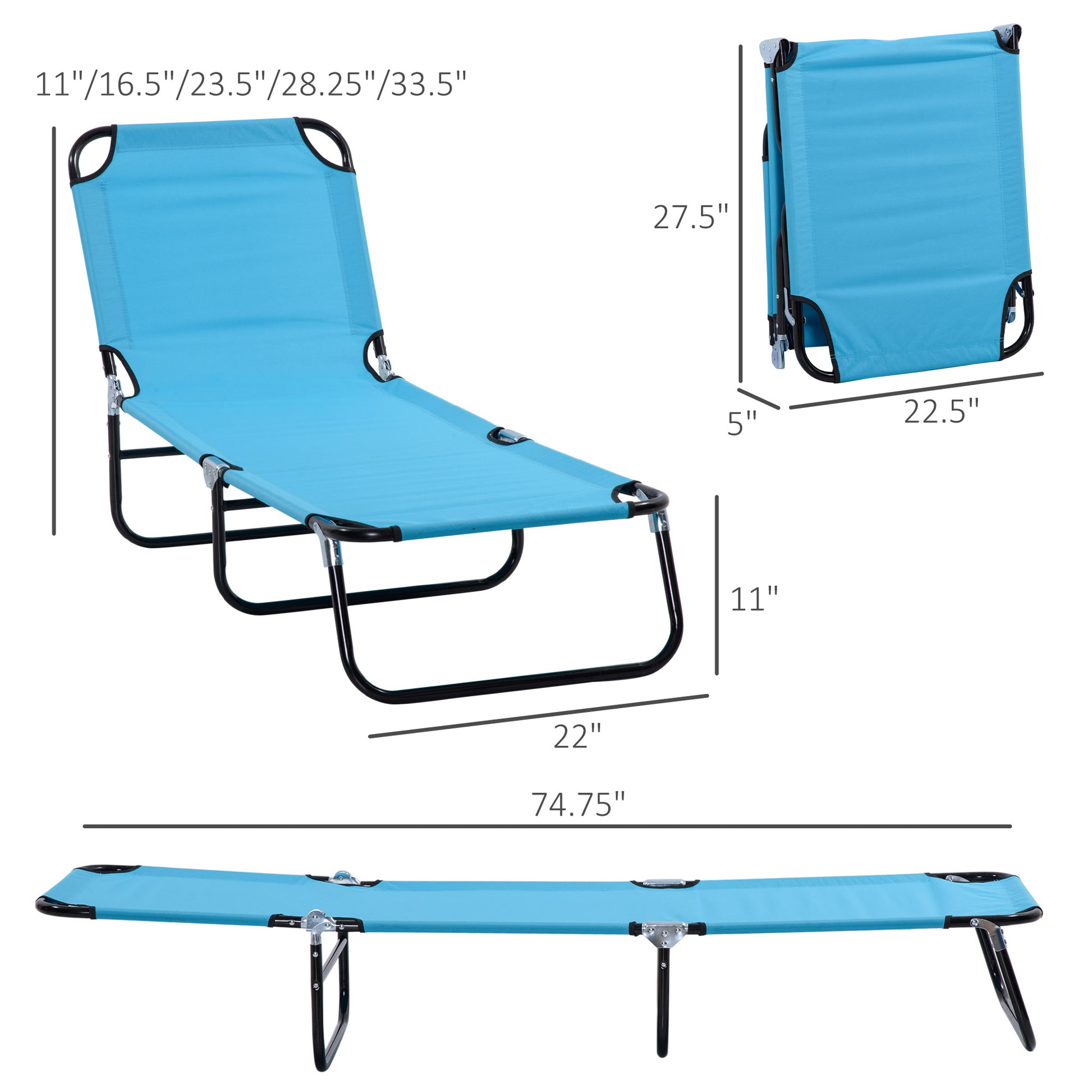 Blue folding lounge chair with adjustable back portable for beach and camping