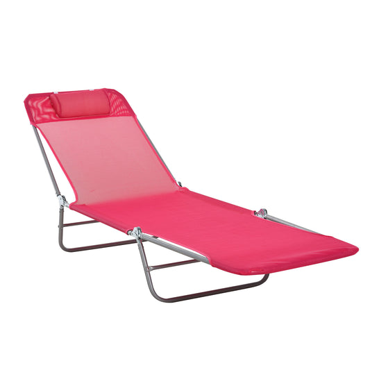 Pink mesh recliner chair with adjustable headrest for outdoor relaxation