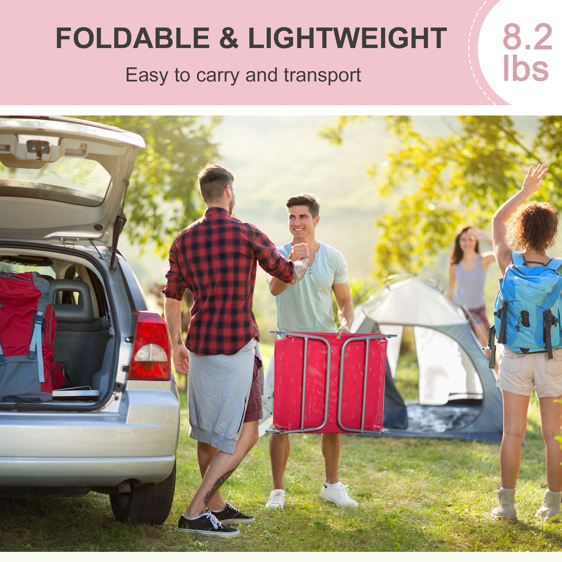 Red portable camping chair easily folded for transport and storage