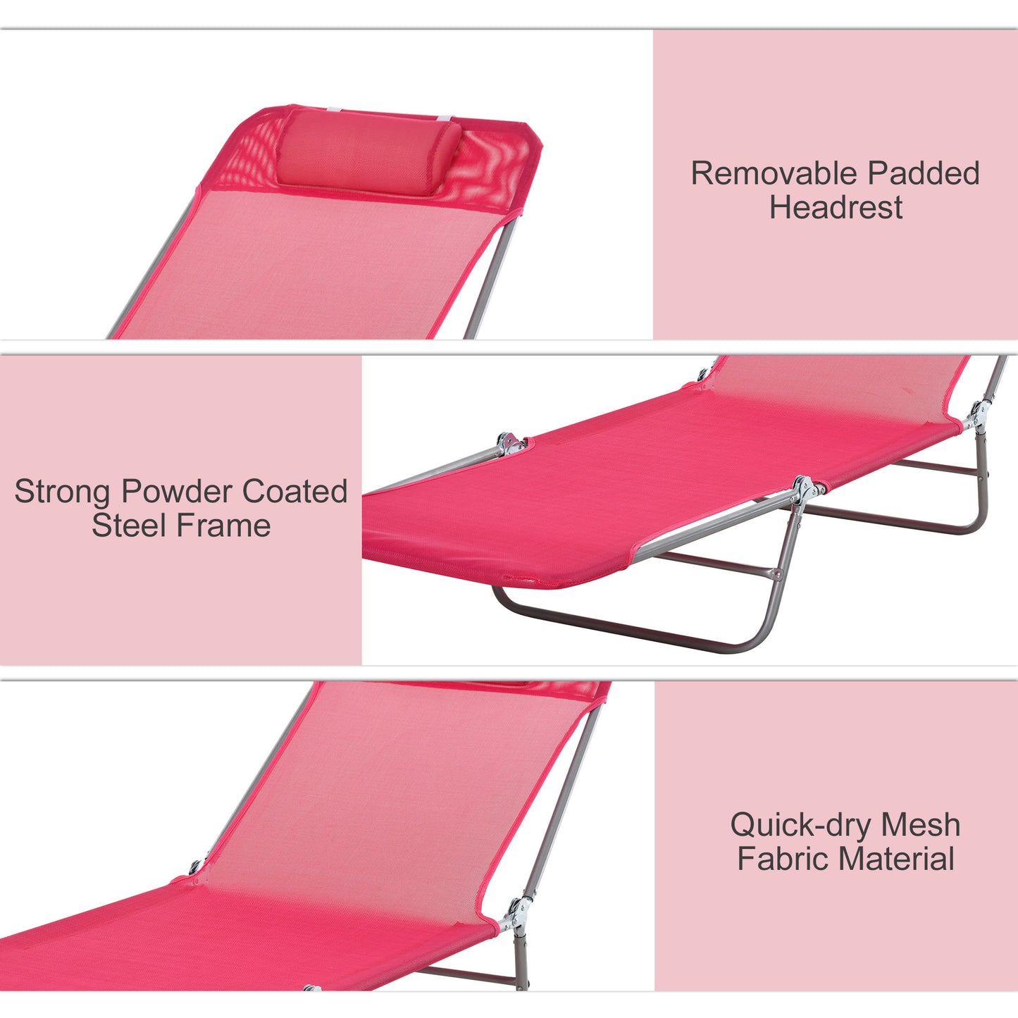 Pink mesh chaise lounge with removable padded headrest for outdoor comfort