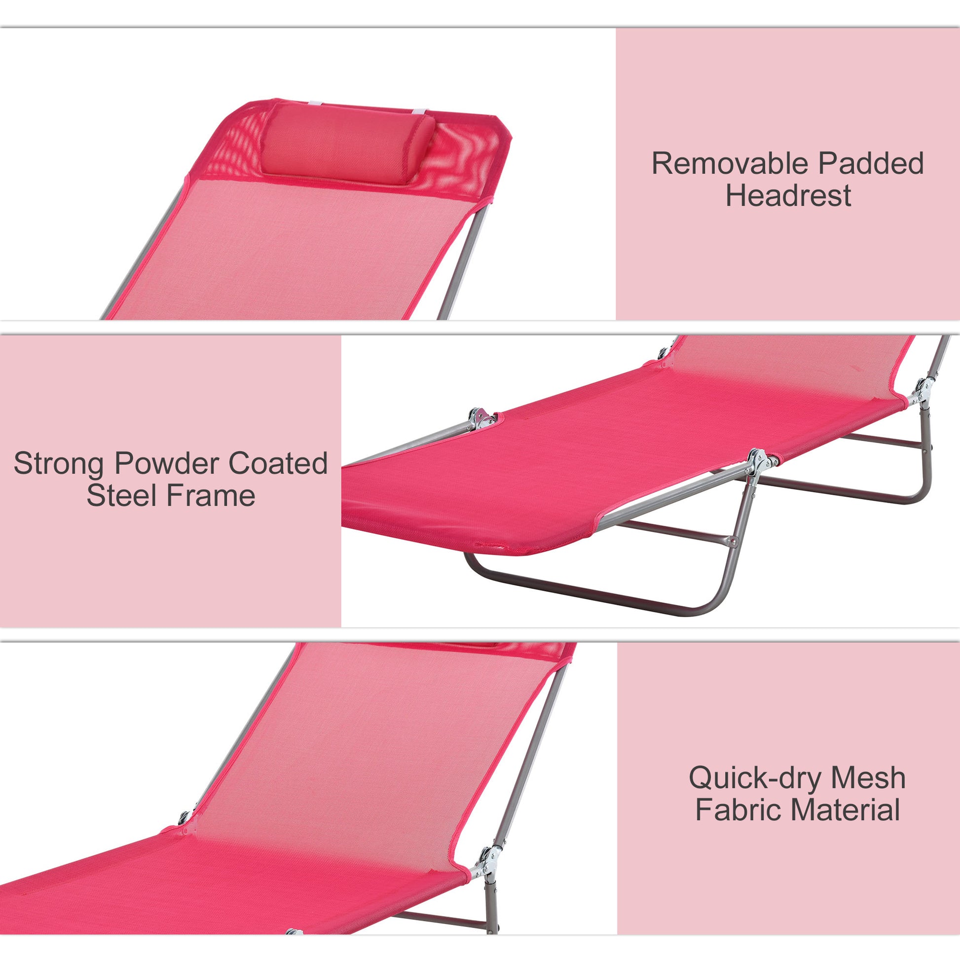 Pink mesh chaise lounge with removable padded headrest for outdoor comfort
