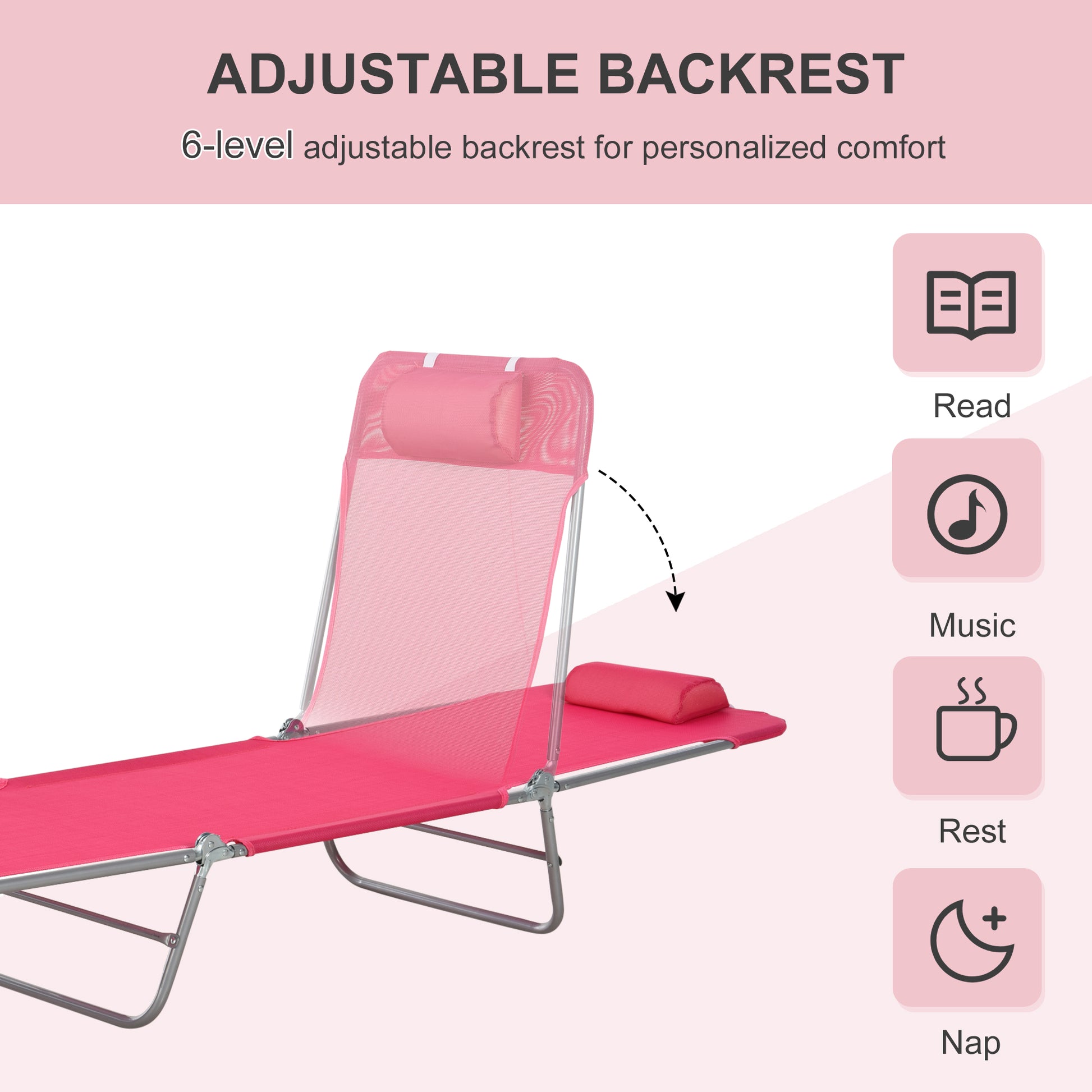 Bright pink mesh chaise lounge chair with adjustable backrest and head pillow for outdoor relaxation