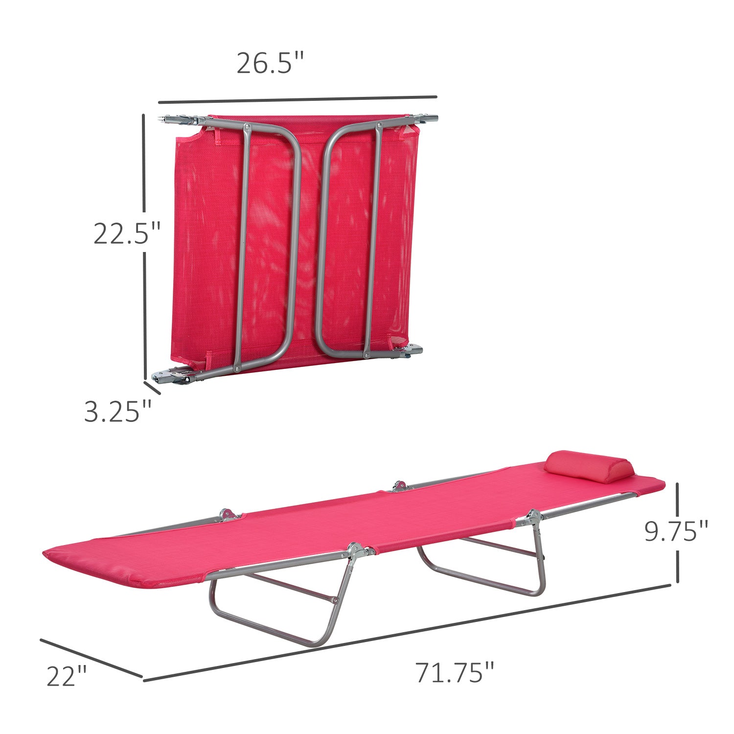 Red folding chaise lounge with metal frame and pillow for outdoor use
