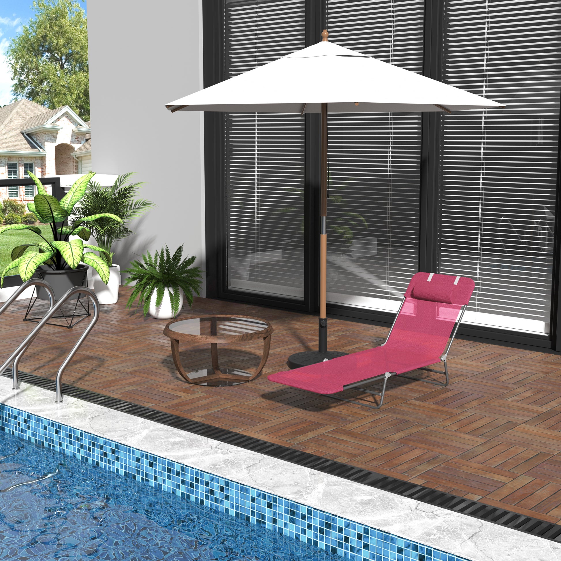 Red mesh chaise lounge chair with adjustable backrest for poolside relaxation