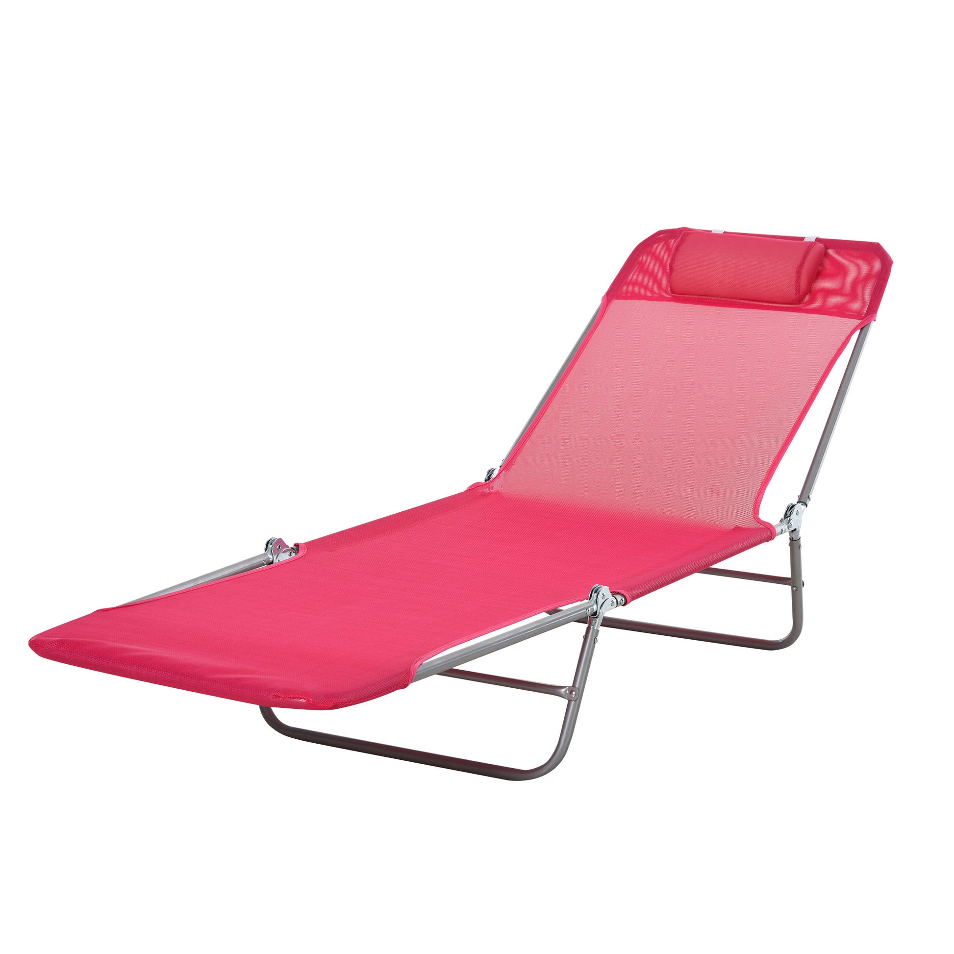 Red mesh chaise lounge chair with adjustable headrest and silver frame