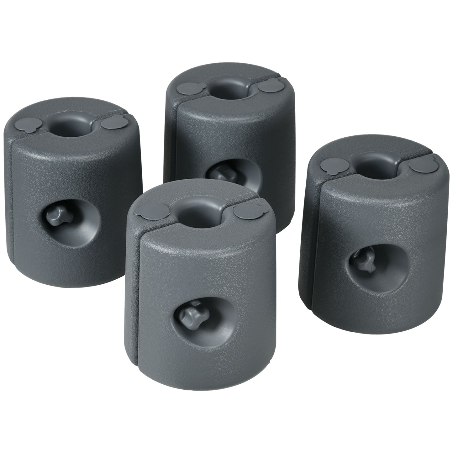 Four gray plastic umbrella base weights with knob fasteners for outdoor stability