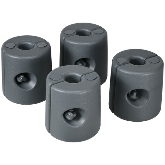 Four gray plastic umbrella base weights with knob fasteners for outdoor stability
