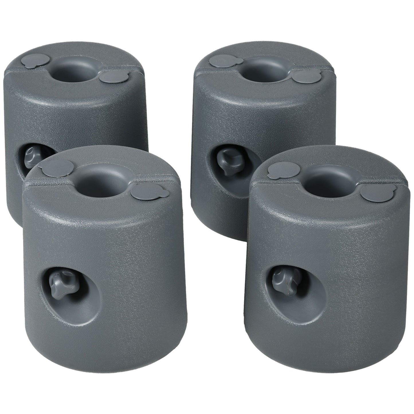 Set of four grey plastic umbrella base weights with filling holes and handles