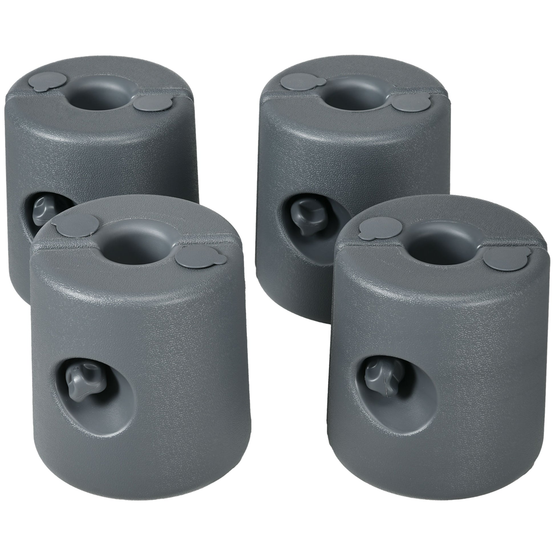 Set of four grey plastic umbrella base weights with filling holes and handles