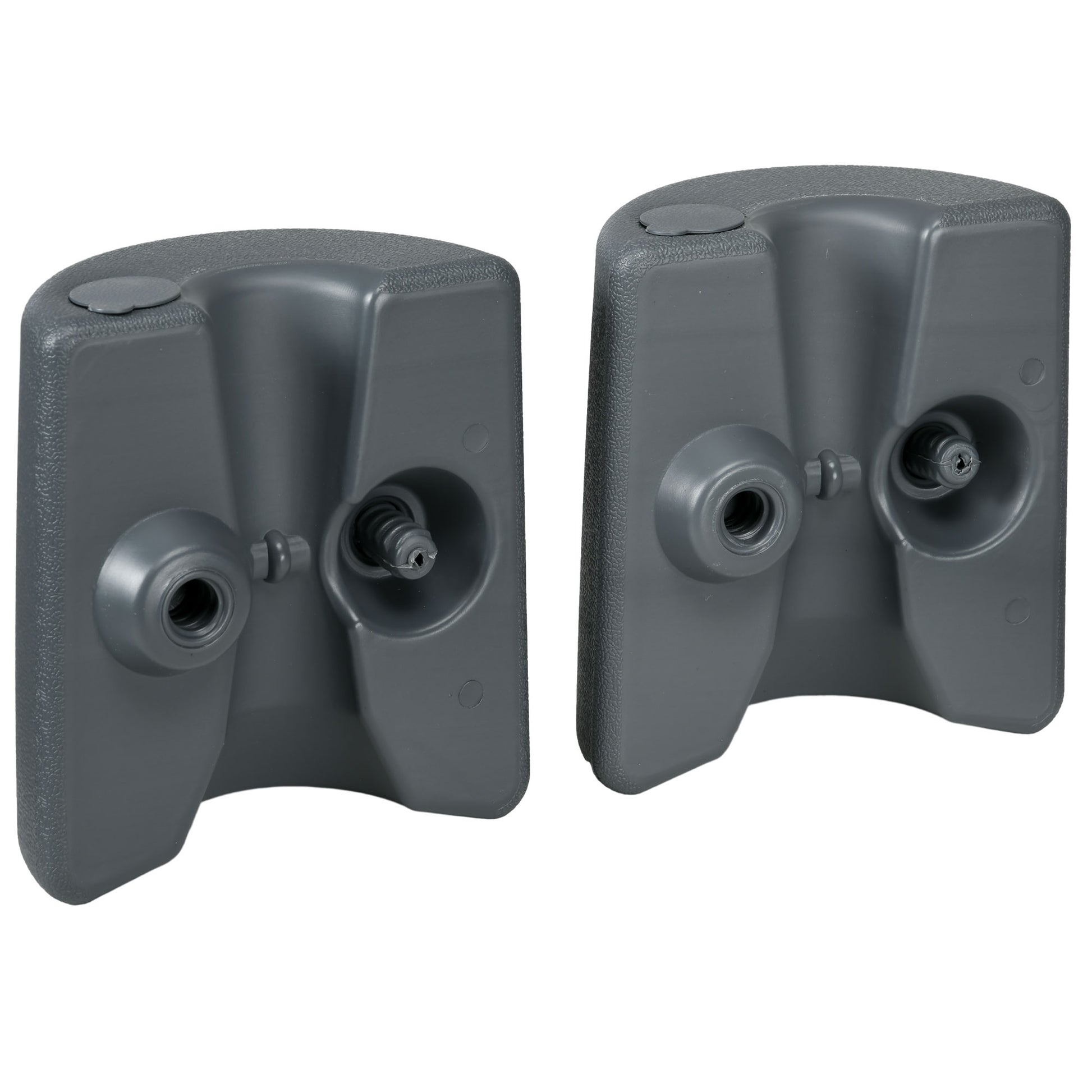 Two grey plastic bases for outdoor umbrella stands designed for stability